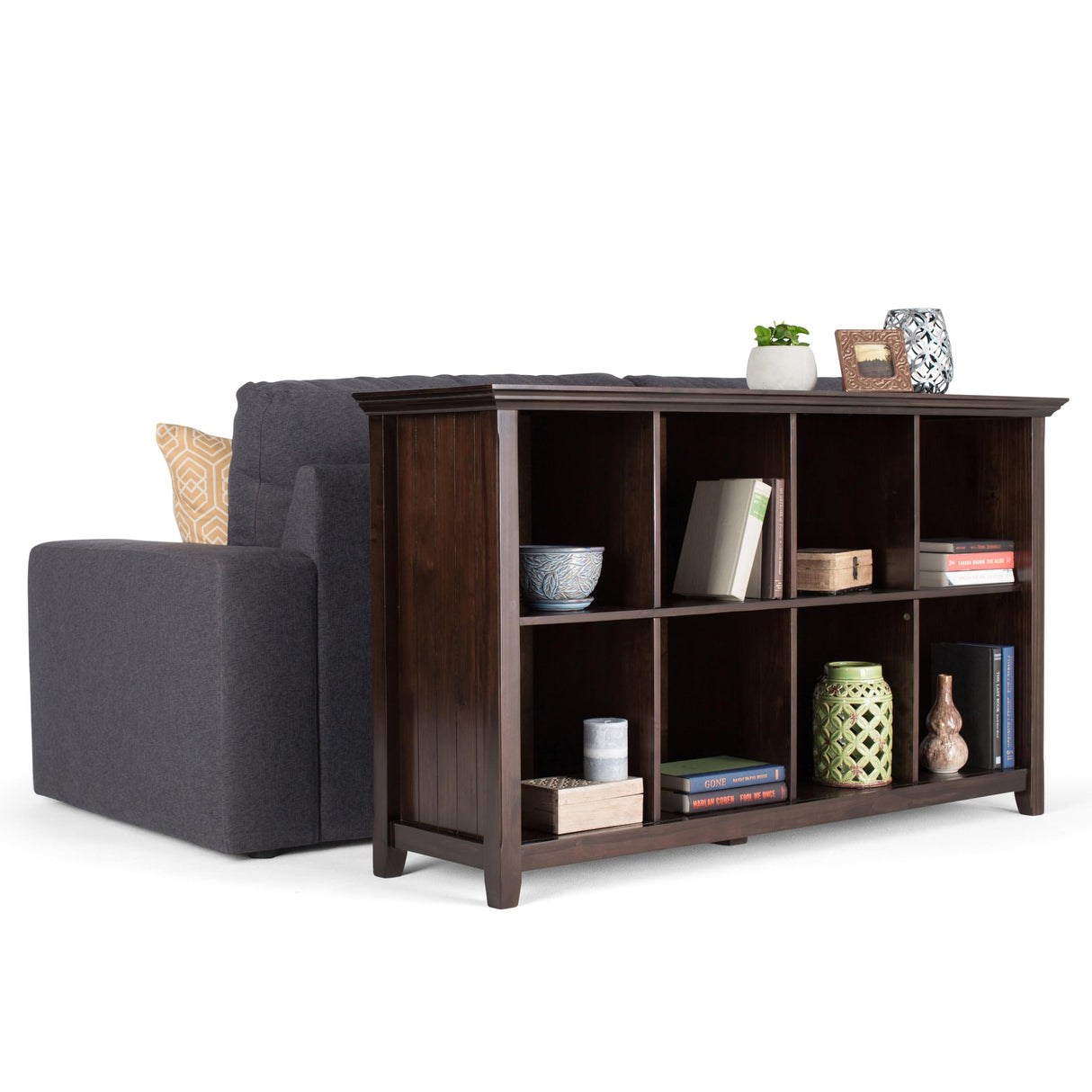SIMPLIHOME Acadian SOLID WOOD 57 inch Wide Rustic 8 Cube Storage Sofa Table in Brunette Brown with Storage, 8 Shelves, for the Living Room Entryway and Bedroom SIMPLIHOME