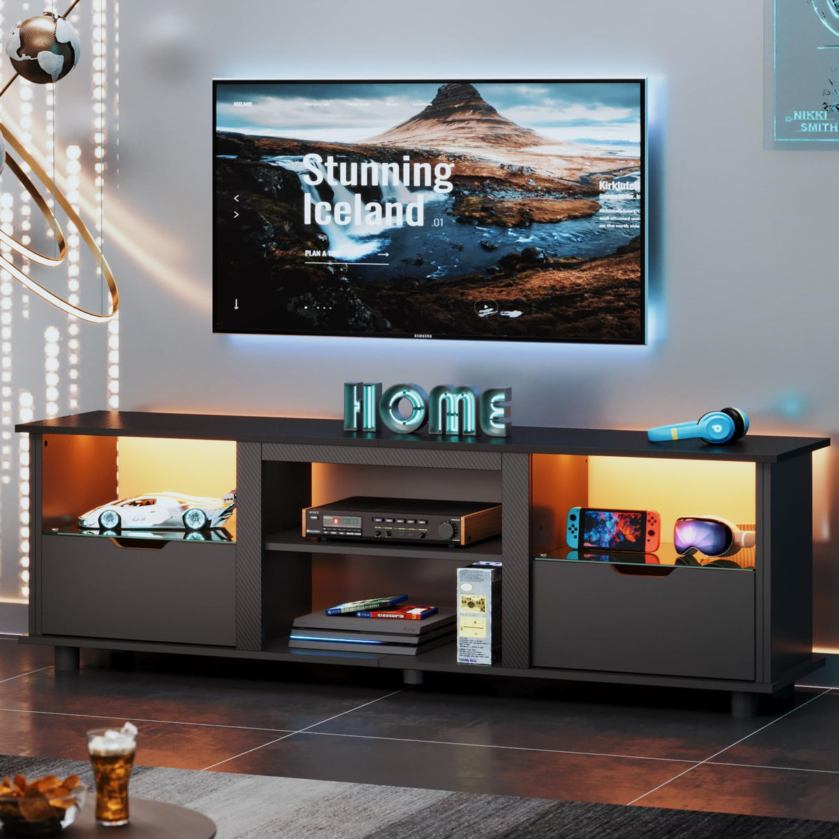 Bestier 70" Gaming Entertainment Center with Drawers, LED TV Stand for 75 Inch TV, TV Entertainment Stand for Living Room with Storage and Glass Shelves (Black 3D Carbon Fiber) Bestier