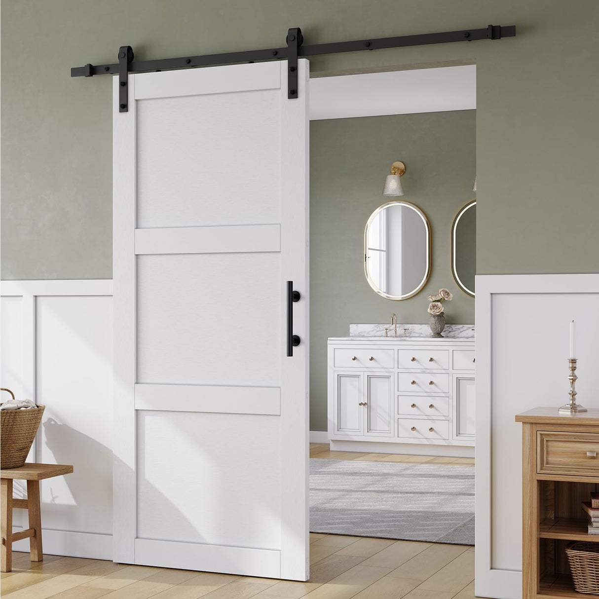 SmartStandard 36in x 84in Sliding Barn Door with 6.6FT Barn Door Hardware Track Kit & Handle, Waterproof PVC Surface, Pre-Drilled Holes Easy to Assemble, White, Solid, MDF, 3 Panel SMARTSTANDARD