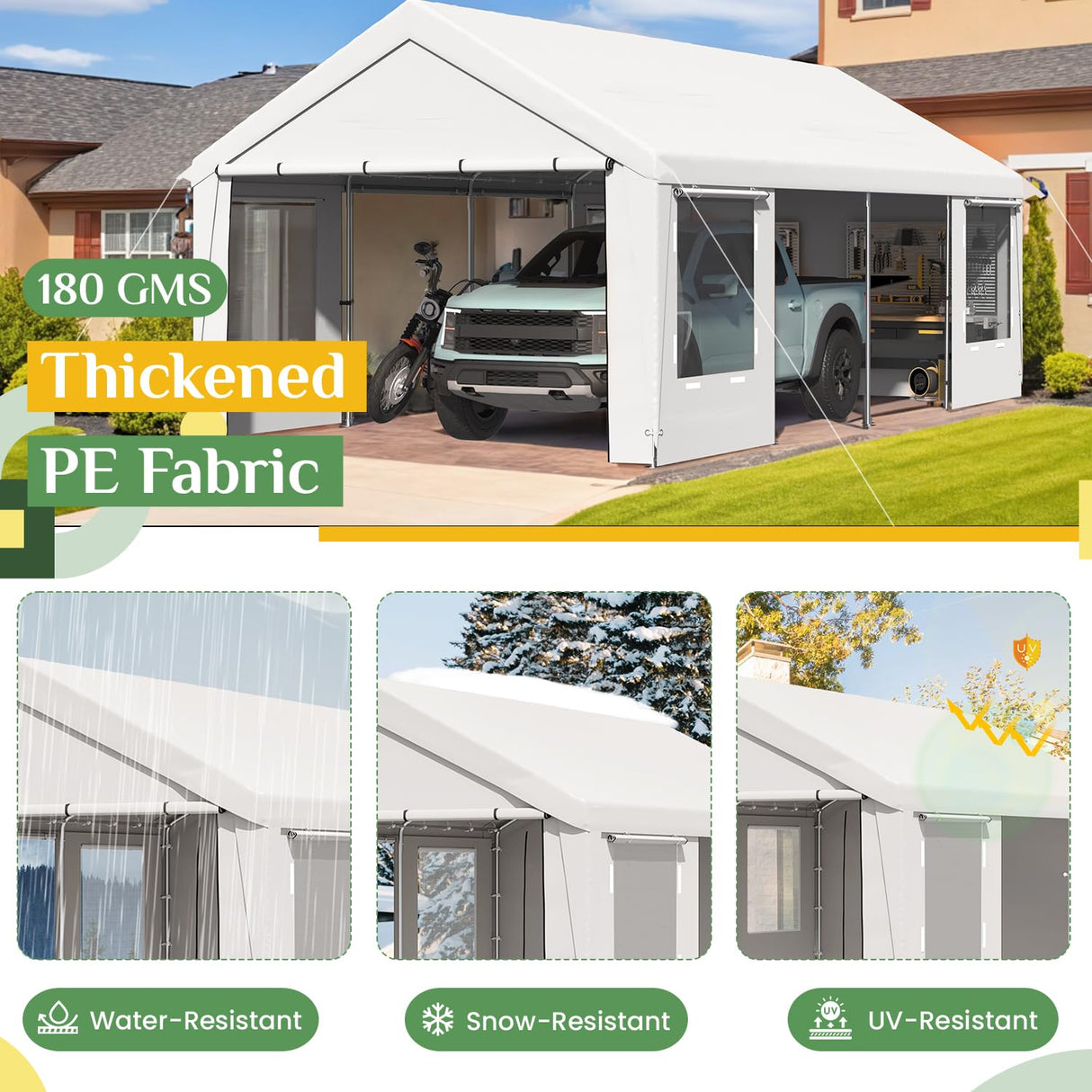 EROMMY 12' x 24' Heavy Duty Carport,Portable Garage with UV Protection & Steel Frame, Car Port with Removable Sidewalls, All-Season Car Canopy for Tractor, Truck, Boat, White EROMMY