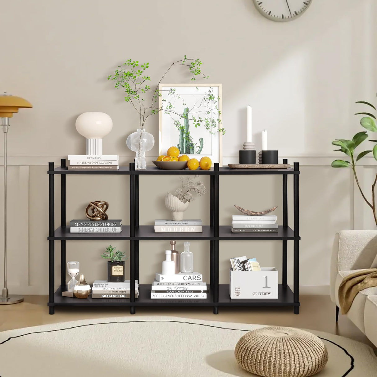 YGYQZ Short Book Shelf - 3 Tier Open Back Long Horizontal Wood Bookcase, 6 Cube Storage Shelf for Office Living Room Bedroom, Modern Black YGYQZ