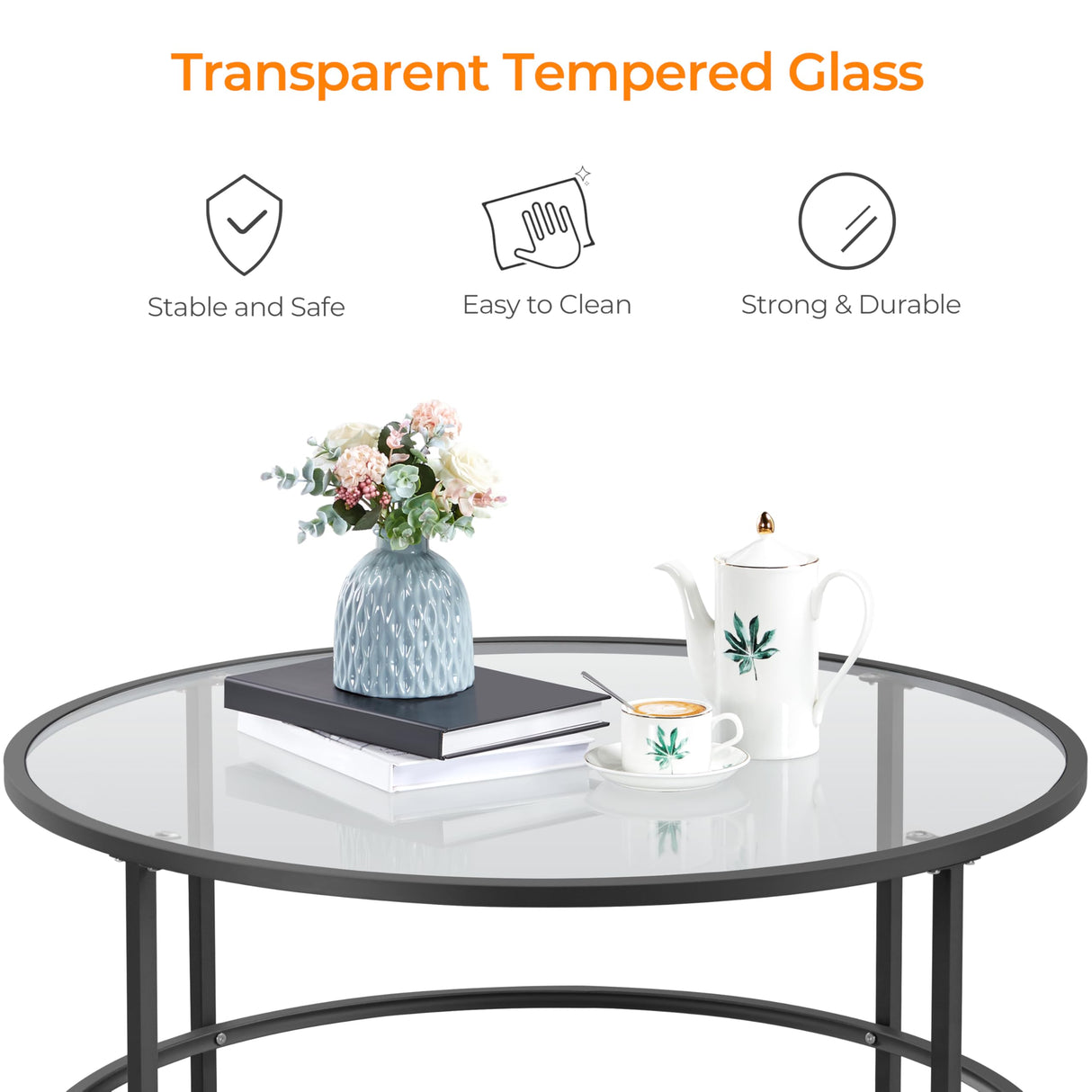 Yaheetech 36" Round Glass Coffee Table, Black Circle Coffee Table Center Table with Glass Top, Small Coffee Table for Living Room, Office & Apartment Yaheetech