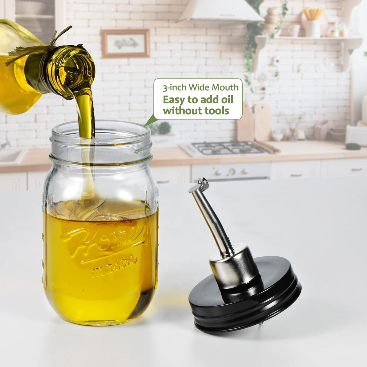 SheeChung Oil Dispenser Bottle for Kitchen, Mason Jar Glass Olive Oil Bottle, 16oz Vinegar Dispenser Set with Brush, Stainless Steel Pour Spout, Rustic Farmhouse Kitchen Decor 2 Pack SheeChung