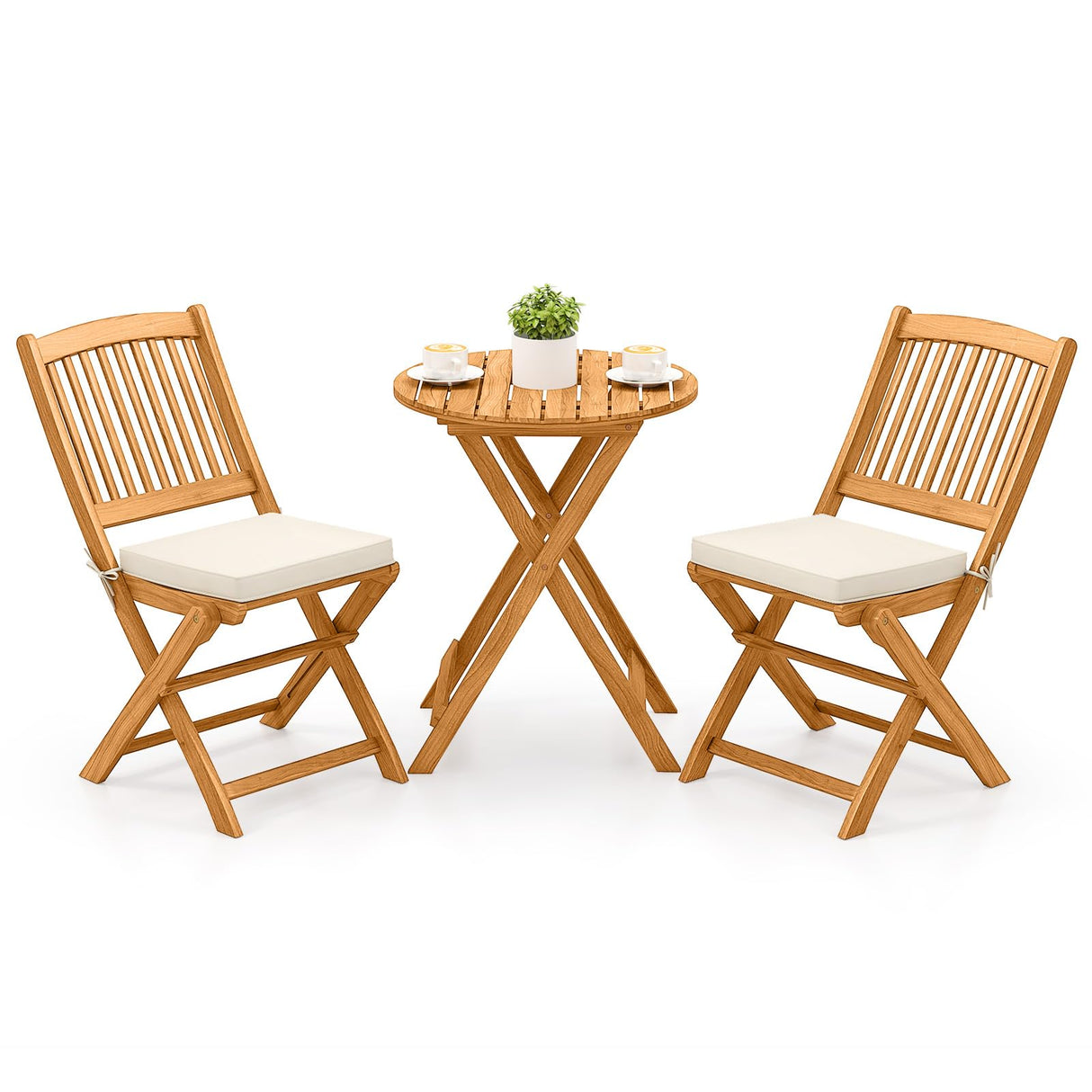 Tangkula 3 Pieces Acacia Wood Patio Folding Bistro Set, Outdoor Table and Chairs Set with Soft Cushions, Patio Furniture Set for Porch, Balcony, Garden, Deck and Backyard Tangkula