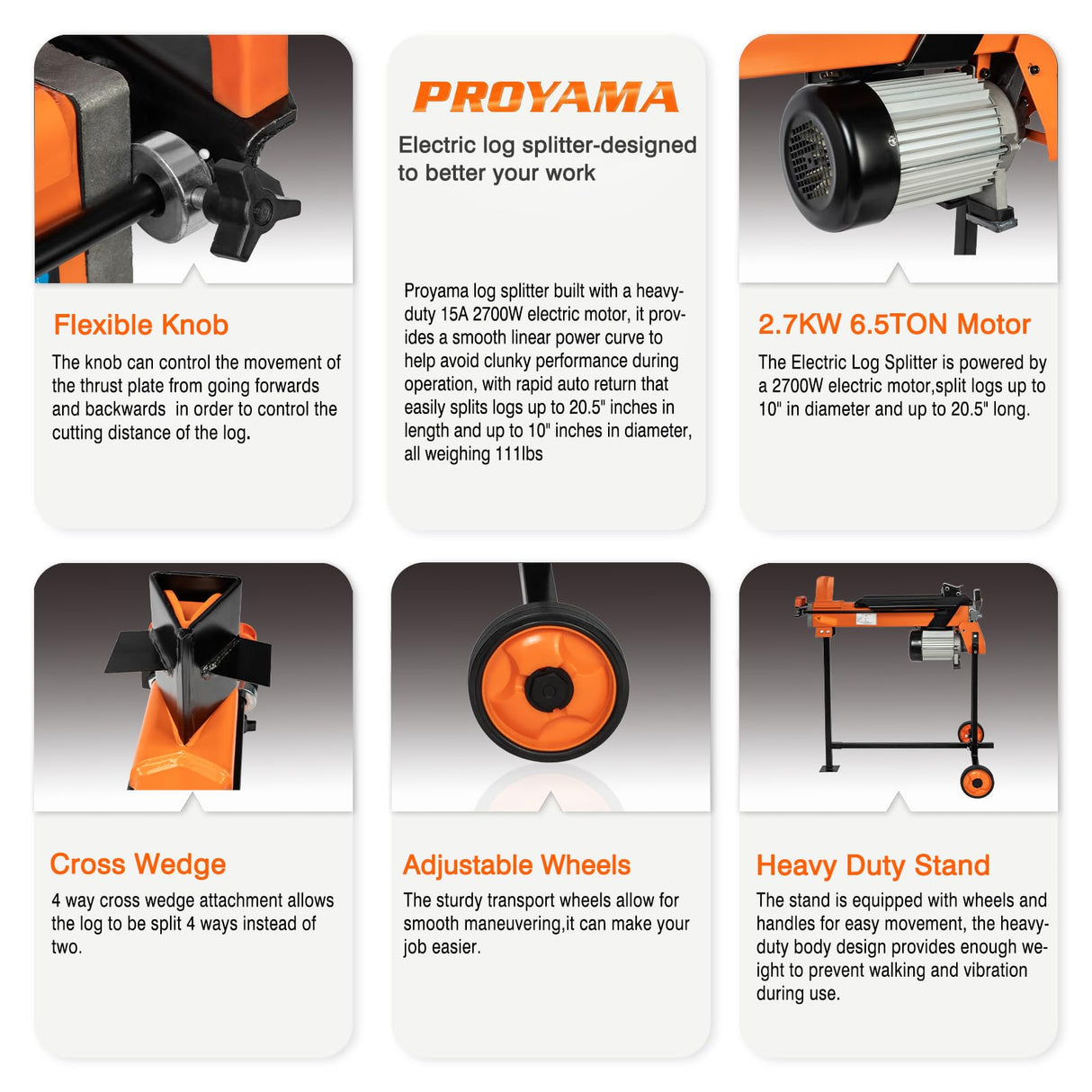 PROYAMA Log Splitter 6.5 Ton with Stand, Wood Splitter Electric Powered, Hydraulic Ram, Firewood Splitting Machine Black Stand Wood Splitter PROYAMA