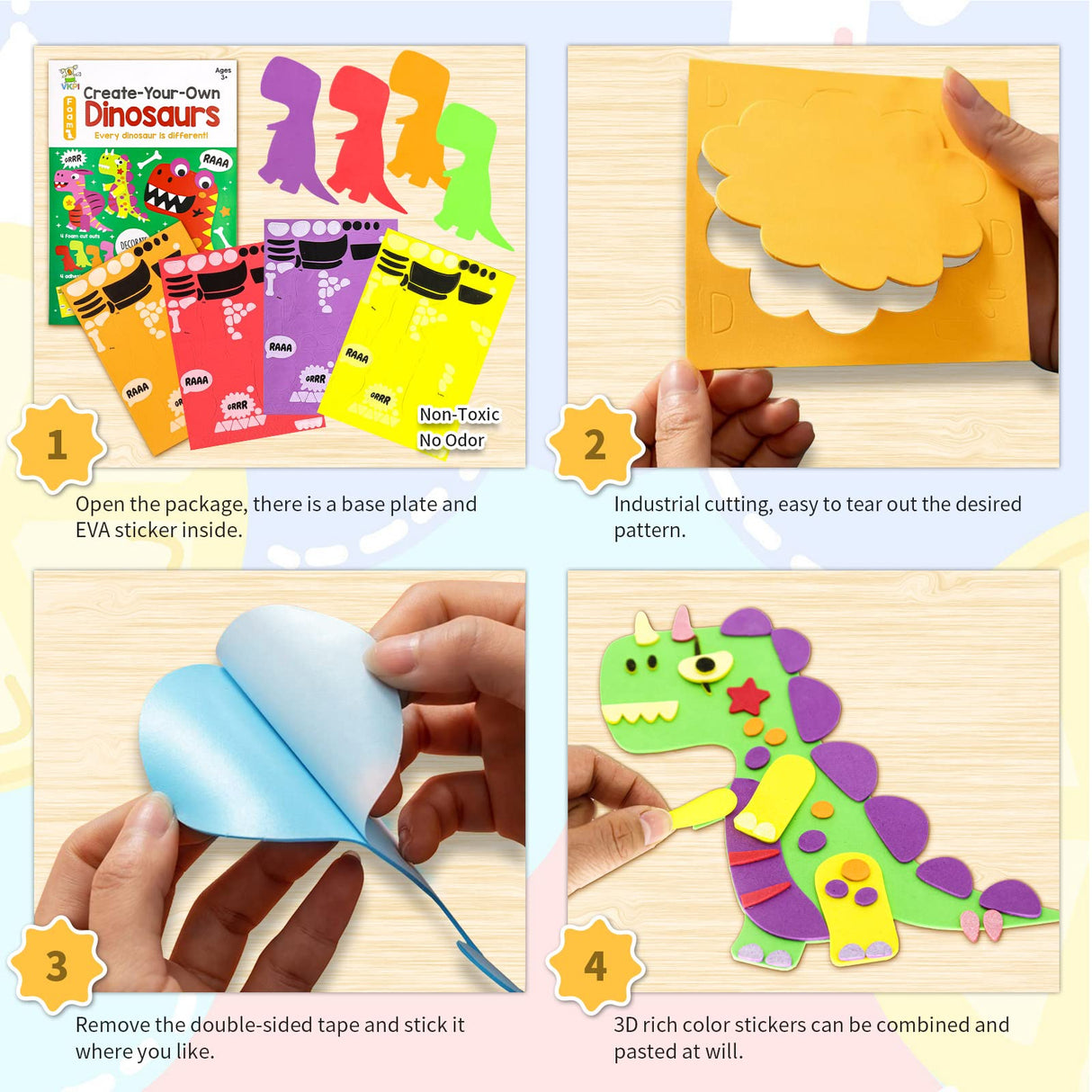 VKPI 4 Pieces EVA Foam Art Crafts Gift Kit, Creative Make Your Own Dinosaurs, Cartoon Foam Paper Craft Projects for Kids Ages 4+ Toddler, Preschool Learning Toy for Birthday Party Favor Supplies VKPI