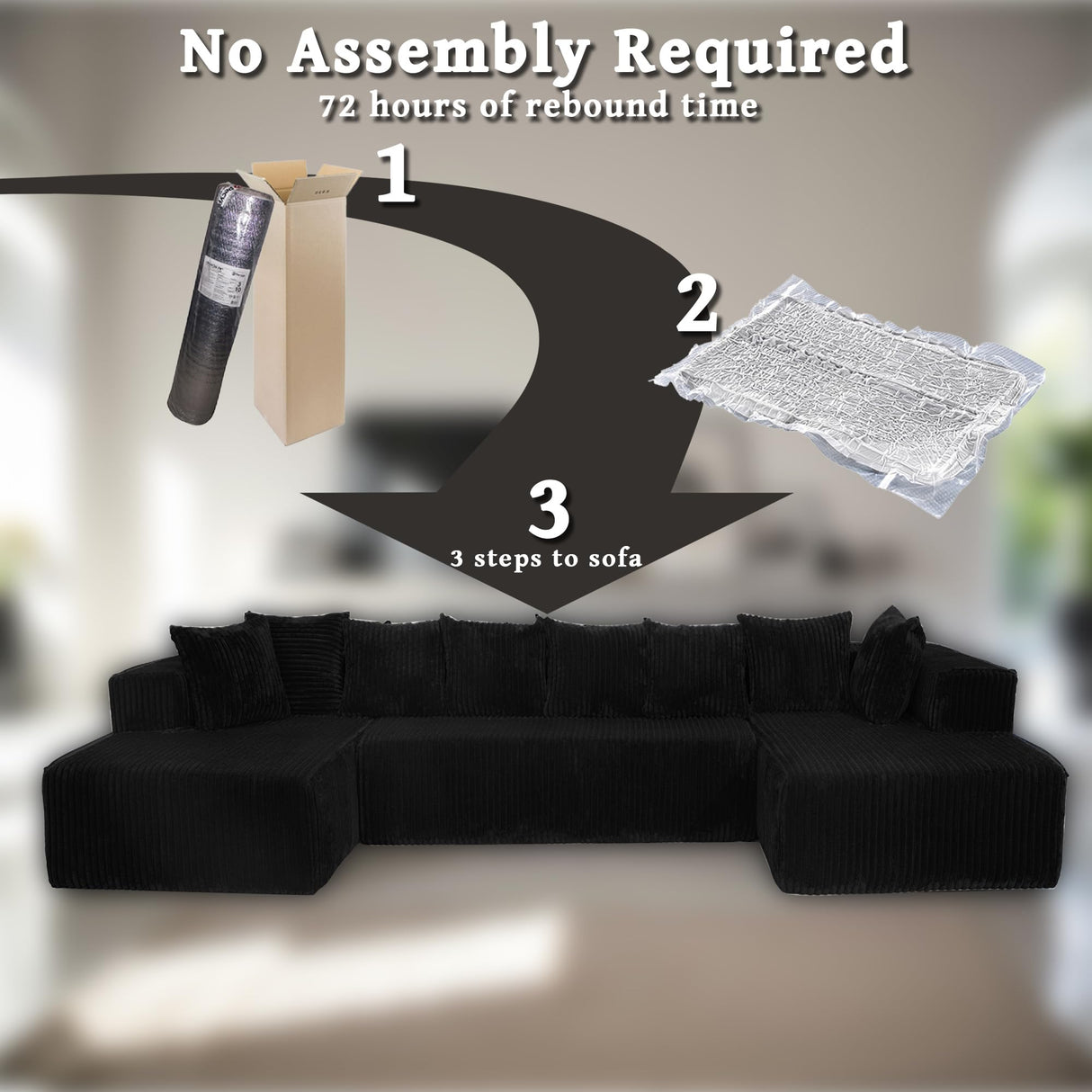 130" Cloud Boneless Sectional Couches for Living Room, U Shaped Sleeper Sofa Bed with Deep Seat Chaise, High Density Foam Compression Sofa, Modular Black Corduroy Couch with 8 Pillows No Assembly CAPCAEK