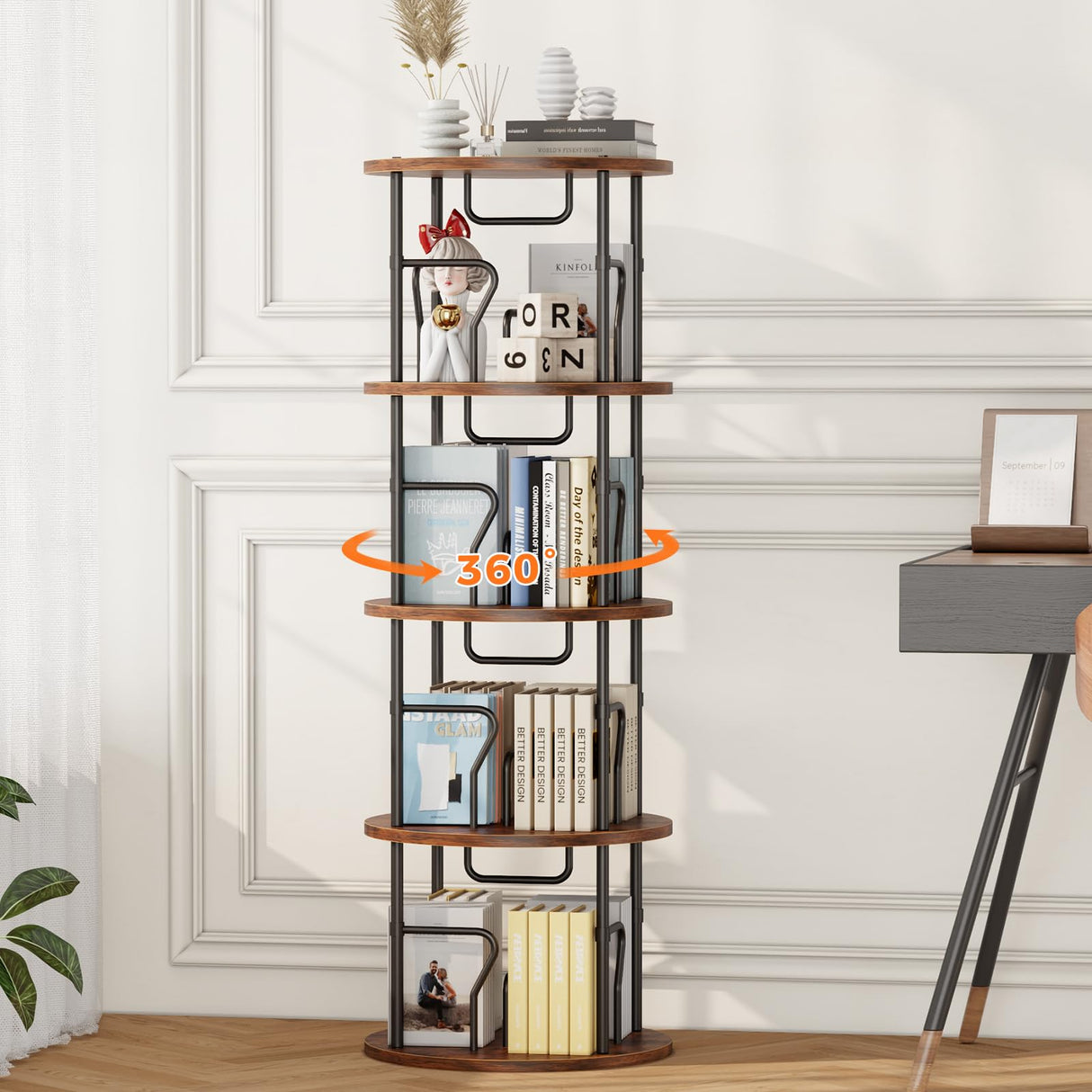 VYRIVA 4 Tier Rotating Bookshelf Tower, 360° Display Round Bookcase, Floor Standing Corner Revolving Bookshelf Organizer Storage Rack for Home Study Office, Small Spaces VYRIVA