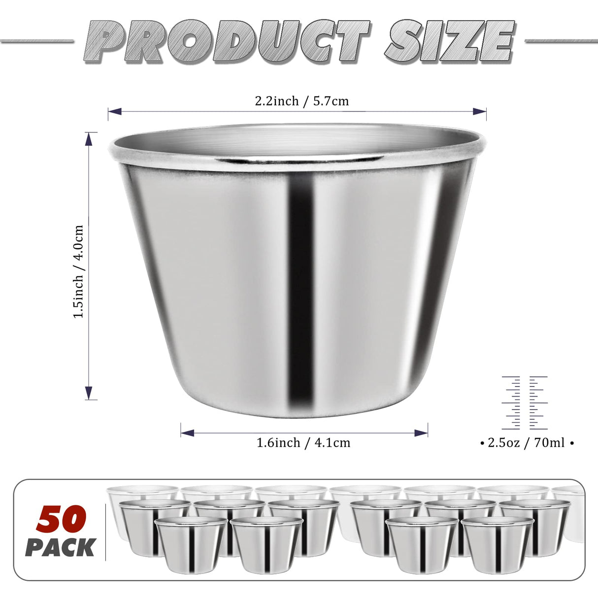 DJZZ 50 Pcs Metal Sauce Cups 2.5oz Ramekins, Stainless Steel Dipping Sauce Cups Metal Condiment Container Reusable Round Butter Dressing Sauce Cups Restaurant Small Bowls DJZZ