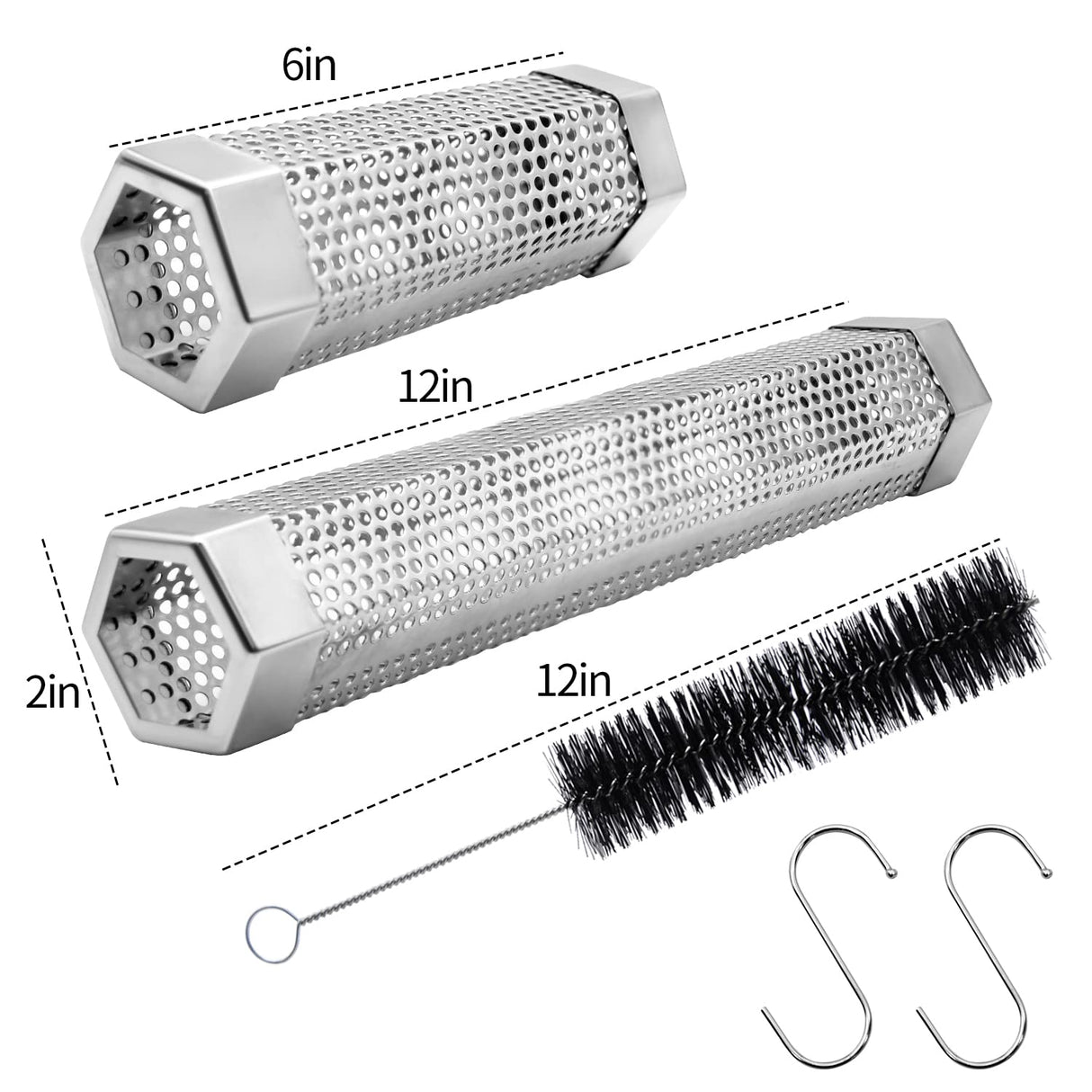 Pellet Smoker Tube Set, 6" & 12" Stainless Steel BBQ Wood Smoker Tube with Brush and 2 Hooks for 2.5hrs/5hrs of Billowing Cold/Hot Smoking for All Grills or Smokers, Smoking Cheese Beef Nuts Fish LFSEMINI