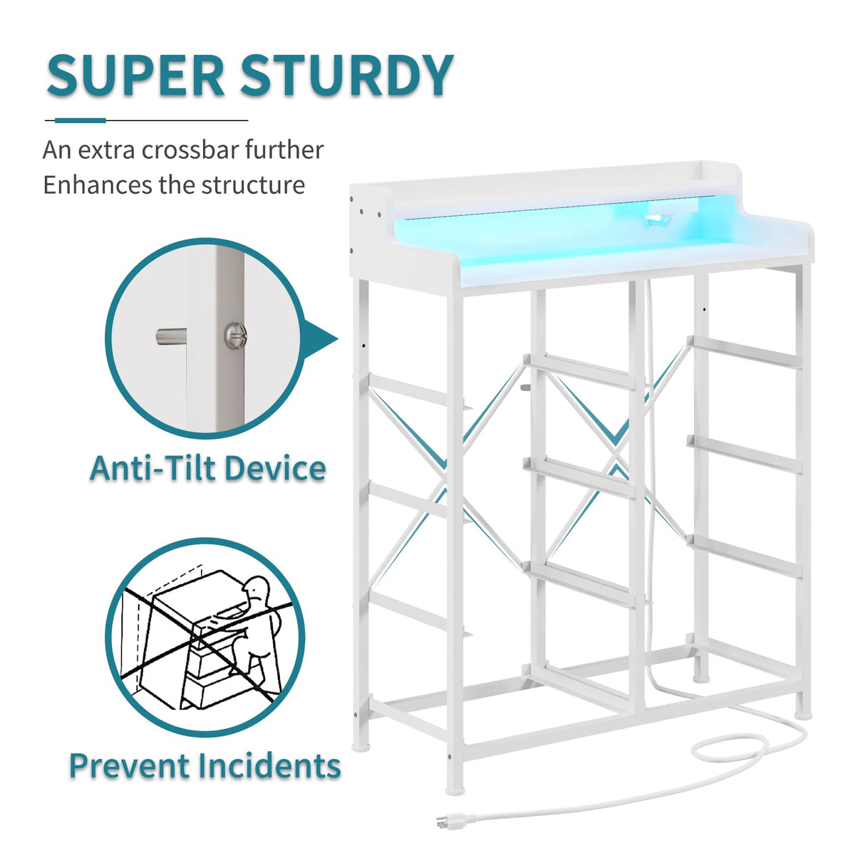 LUMTOK 8-Drawers Dresser with Power Outlets, Built-in Power Strips & LED Strips, Fabric Dressers Drawers for Bedroom, Hallway, Nursery, Steel Frame, Wood Top, Easy Pull Handle (White) LUMTOK