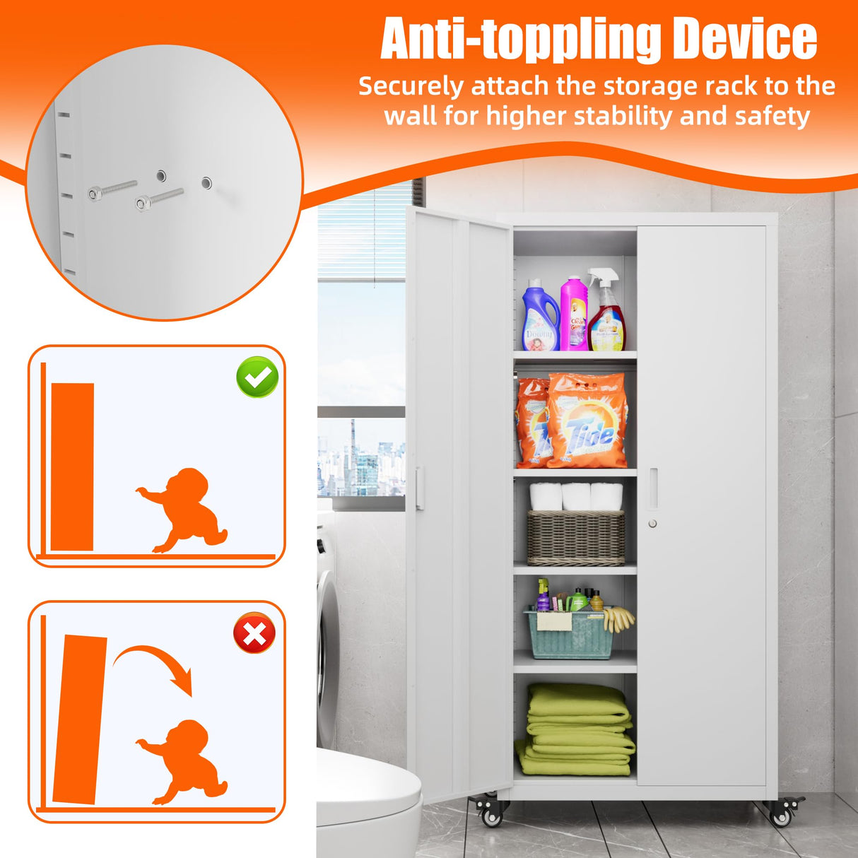 Aobabo 73" H 2 Door Metal Storage Cabinet on Wheels,Lockable Steel Rolling Garage Storage Cabinet with 4 Adjustable Shelves,White, Assembly Required Aobabo