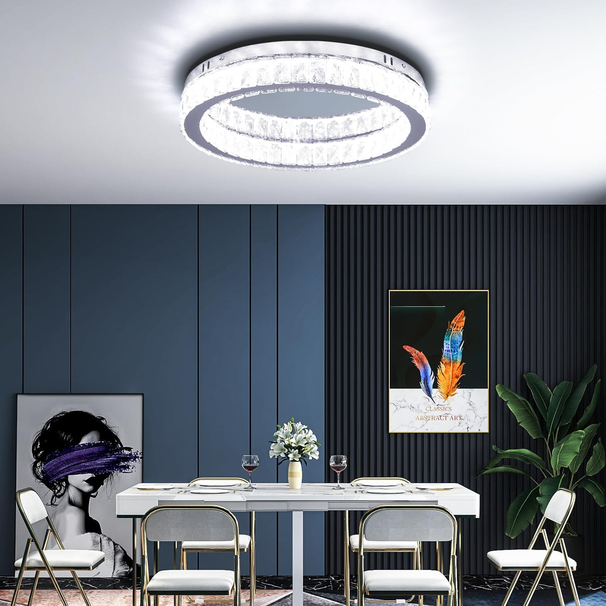 Fintonglan 17.7" Crystal Flush Mount Ceiling Light Fixtures Modern Round LED Chandelier Light Fixture Ceiling Lamp for Living Room Dining Room Kitchen 48W 6000K Finktonglan