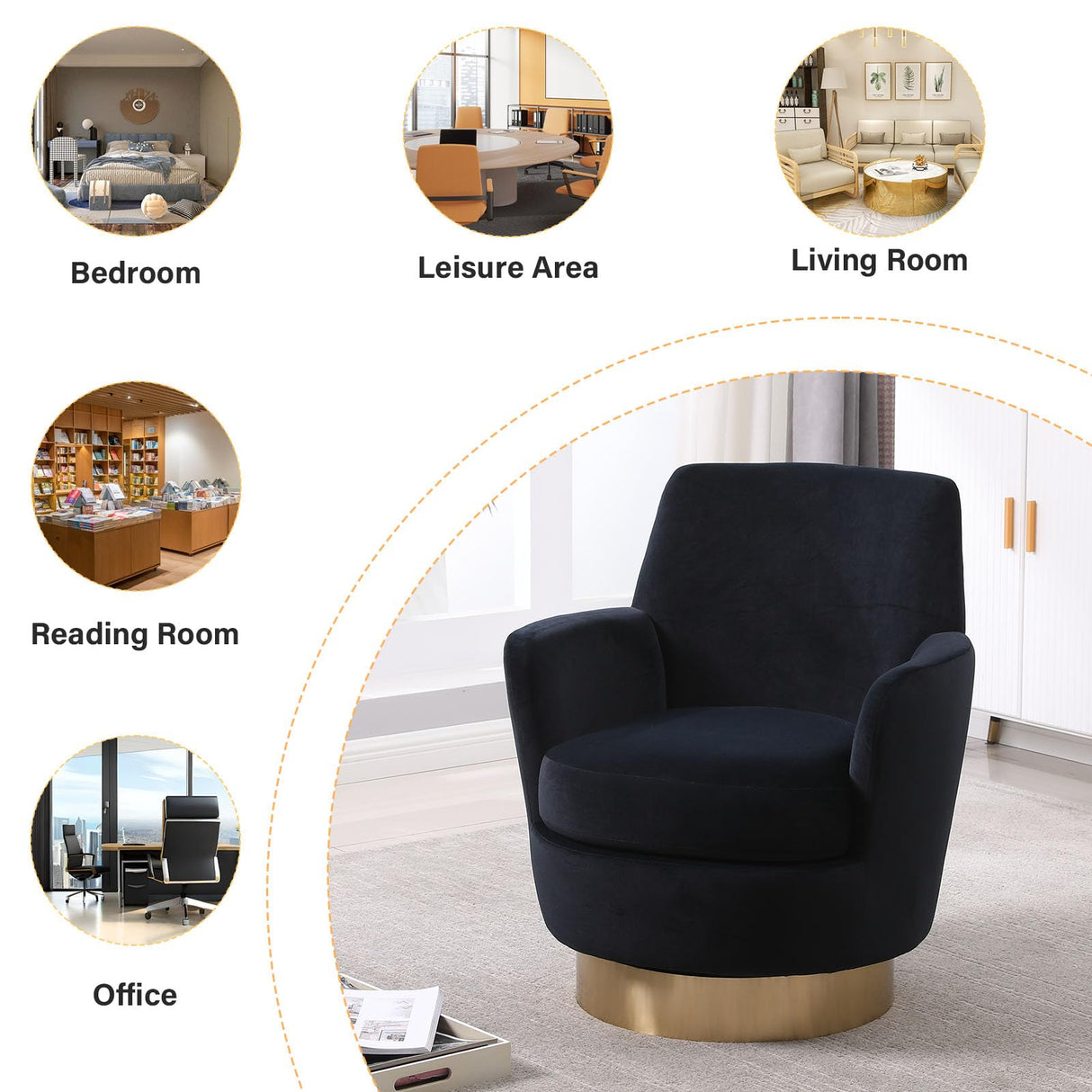 LUCKHAO Swivel Barrel Chair Set of 2,Modern Velvet Upholstered Round Swivel Accent Chairs with Tall Backrest,360 Degree Single Sofa Chair Armchair for Living Room, Black LUCKHAO