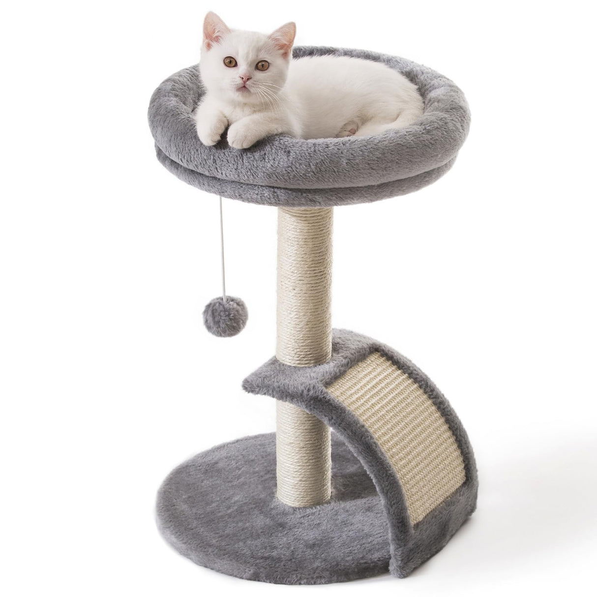 Goozii Small Cat Tree Tower with Scratching Post, Modern Kitten Tower for Indoor Cats, Short Carpet Sisal Cat Scratcher Stand with Large Bed Perch, Scratch Ramp, Toy Ball for Kitty Play (Grey) Goozii