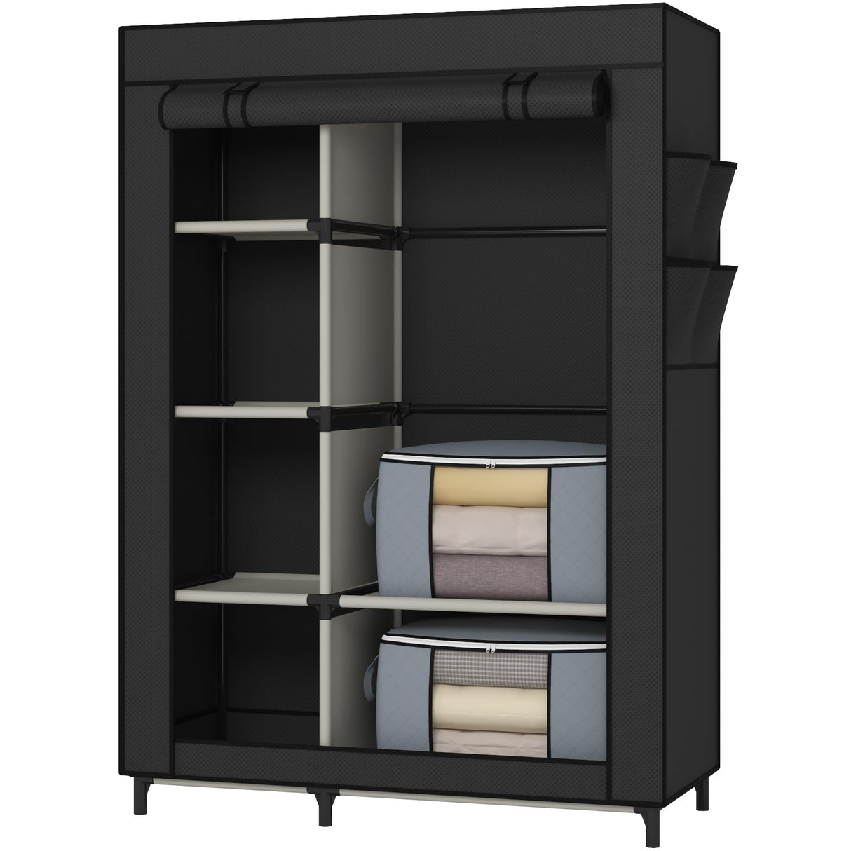 Calmootey Portable Closet, Wardrobe with 6 Shelves and Hanging Rod, Storage Organizer for Bedroom, Non-Woven Fabric Cover with 4 Side Pockets, Includes 2 Storage Bags for Clothes, Black Calmootey