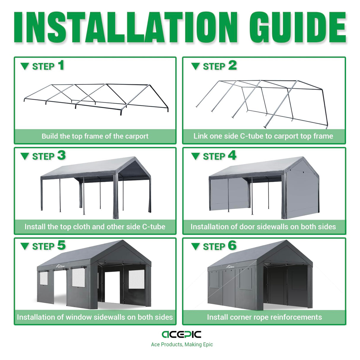 Acepic Carport 10x20ft Heavy Duty Carport Features Roll-up Windows & Doors, Portable Garage with UV Resistant Waterproof All-Season Tarp for Car, Truck, Boat Acepic