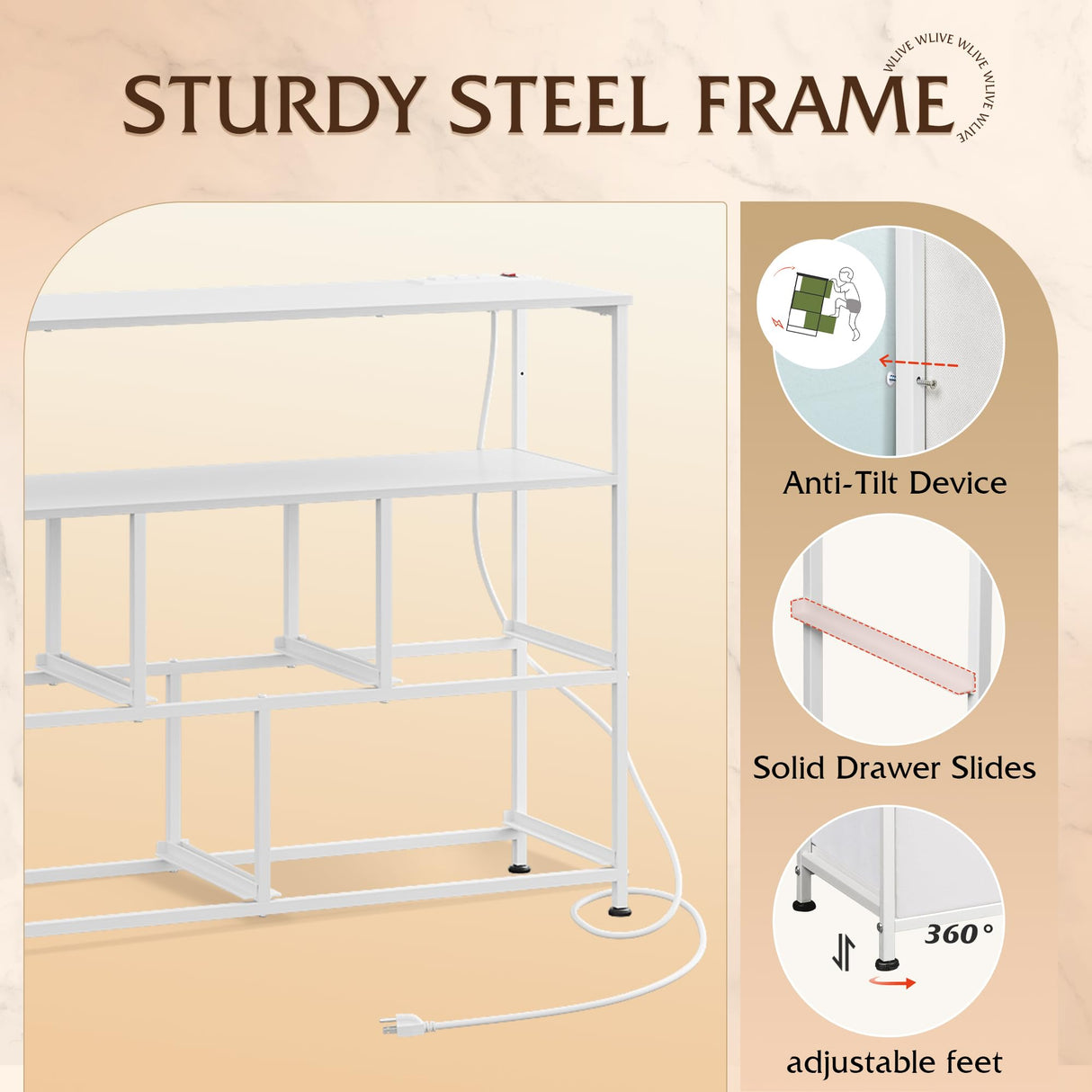 WLIVE White Dresser for Bedroom with 5 Fabric Drawers, Entertainment Center with Open Shelf and Power Outlet for 45 inch TV, Dresser TV Stand with Storage for Closet, Hallway, College Dorm WLIVE