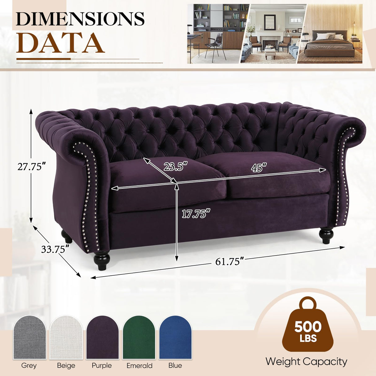 61"W Mid Century Modern Chesterfield Couch,Upholstered Velvet Loveseat Sofa with Button Tufted & Rolled Armrests,Comfy Deep Seat Sofa with Nailhead Trim & Gourd Legs for Living Room,Apartment(Purple) JEEOHEY