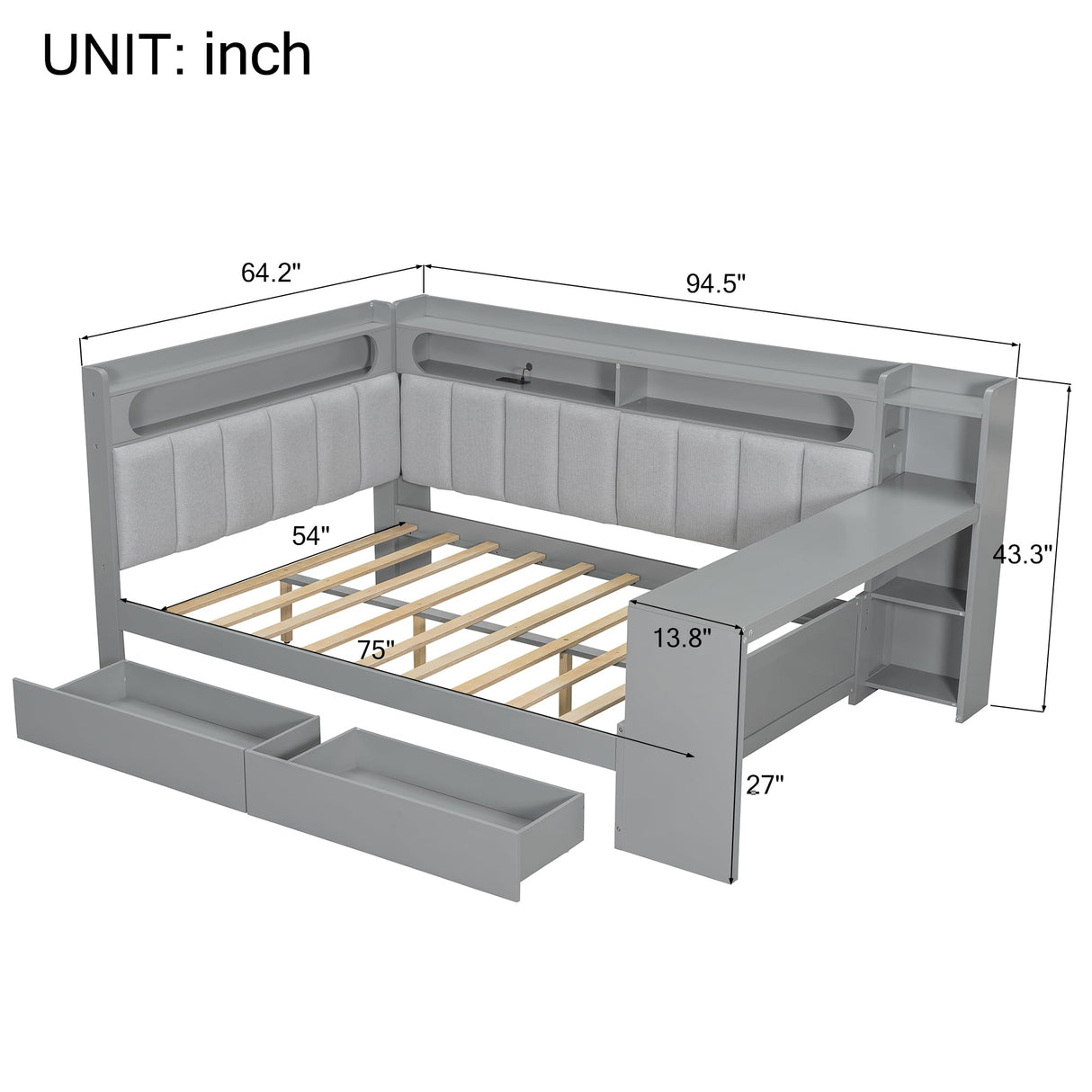 MaiDeHaoo Full Size Daybed with Storage Shelves and Upholstered Headboard, Corner Bed Frame with L-Shaped Bookcase, Drawers and Charging Station, Captains Bedframe with LED Light and Backrest, Grey MaiDeHaoo