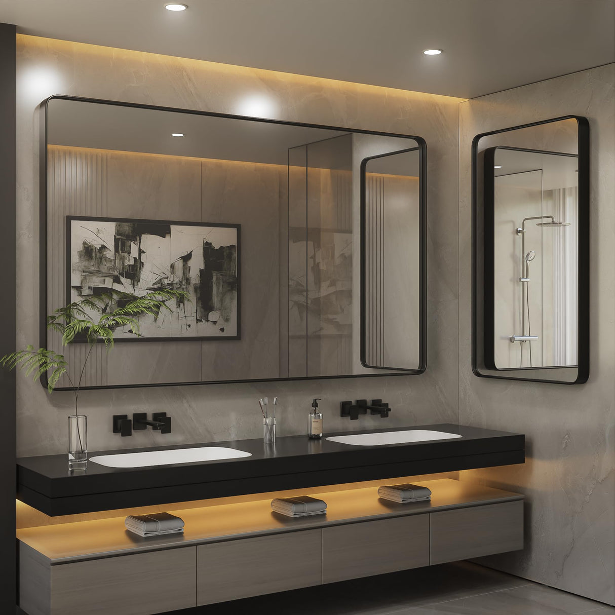 ISKM Black Bathroom Mirror for Wall 48" x 32" Matte Black Framed Vanity Mirror Anti-Rust Tempered Glass Hangs Horizontal or Vertical ISKM