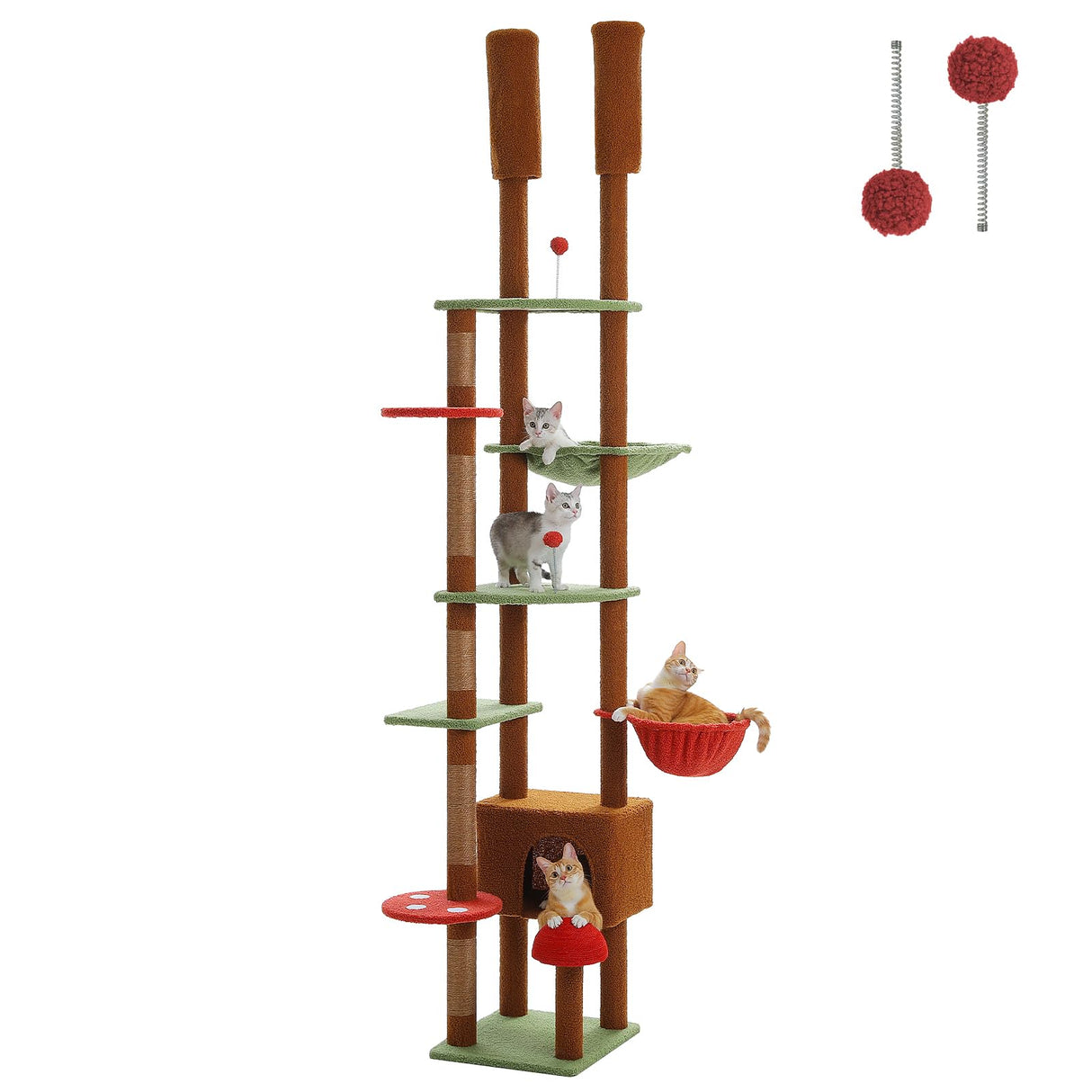 PEQULTI Mushroom Floor to Ceiling Cat Tower Adjustable Height (90.5''-100.4'' = 230cm-252cm) With Condo, Cozy Hammock and Scratching Post, Tall Activity Tree for Indoor Cats, Brown PEQULTI