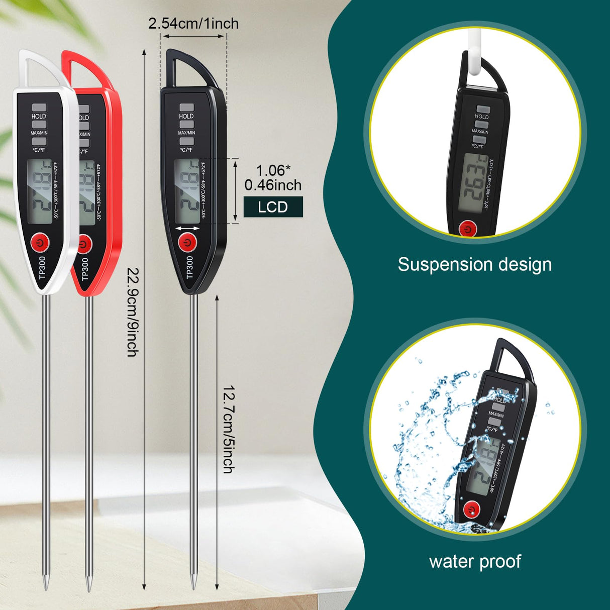Copkim 3 Pcs Instant Read Meat Thermometer with Long Probe 9.65 Inch Kitchen Cooking Food Candy Waterproof Digital Thermometer for BBQ Water Milk Yogurt Liquid (Pointed,Black,White,Red) Copkim