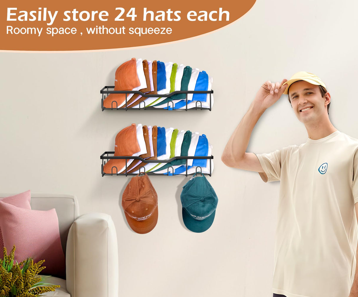KEETDY Metal Hat Racks for Baseball Caps Wall Hat Organizer Fit 20 Caps Holder, 2 Packs Sturdy Wall Mounted Hat Storage Organizer, Black, Patent: US D1,041,201 S KEETDY