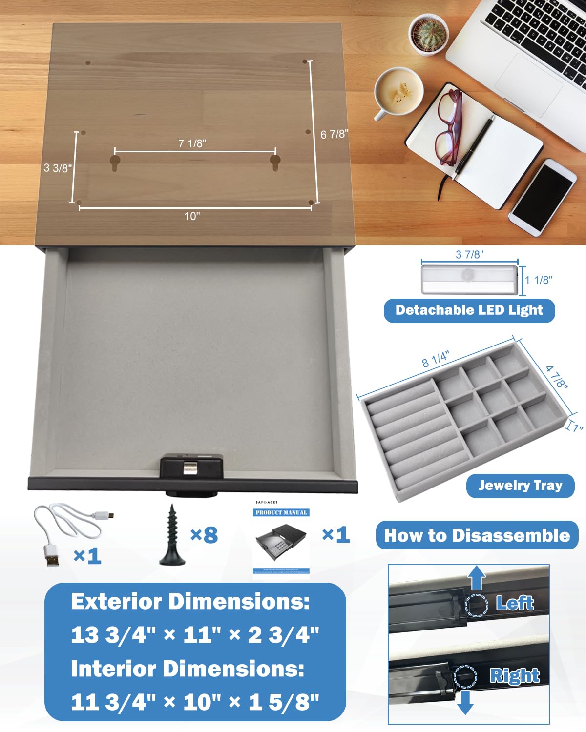 SAFEACET Biometric Drawer Pistol Safe Steel, Quick Access Under Desk Smart Gun Safe Box with LED Light, for Home Store Nightstand Jewelry Handgun Organizer SAFEACET