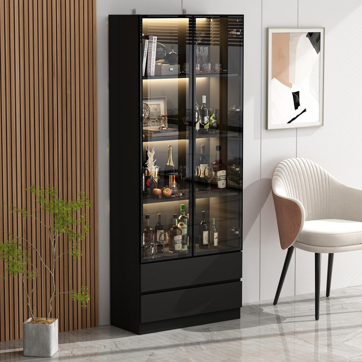 Homsee 4-Tier Black Bookcase with LED Lights, Glass Doors and Drawers for Stylish Storage Homsee