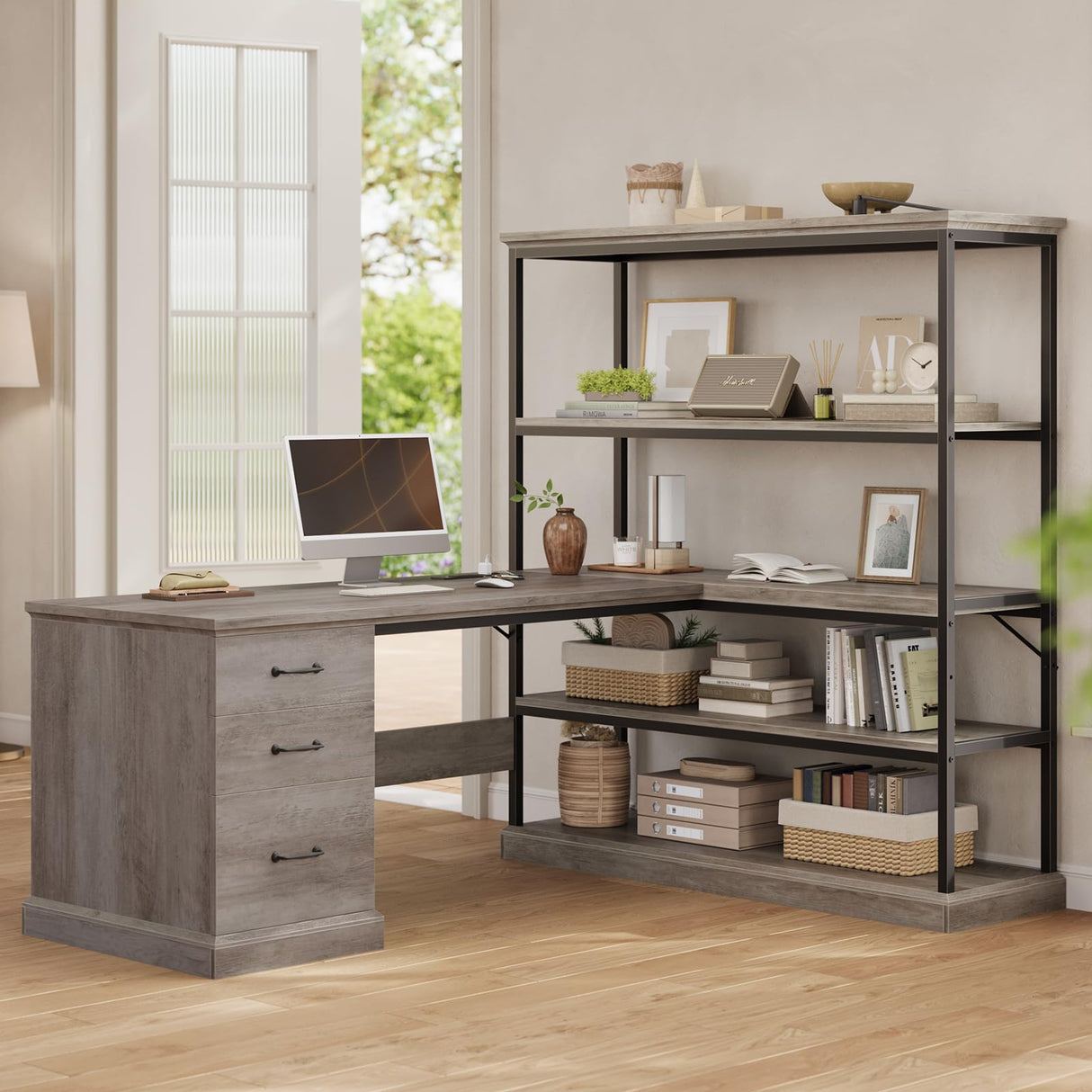 SEDETA Farmhouse 57.1" L Shaped Desk with Drawers, Home Office Desk with Storage Shelves, L Shaped Computer Desk with File Drawer & Bookshelves, Computer Desk with Power Outlets for Home Office, Grey SEDETA