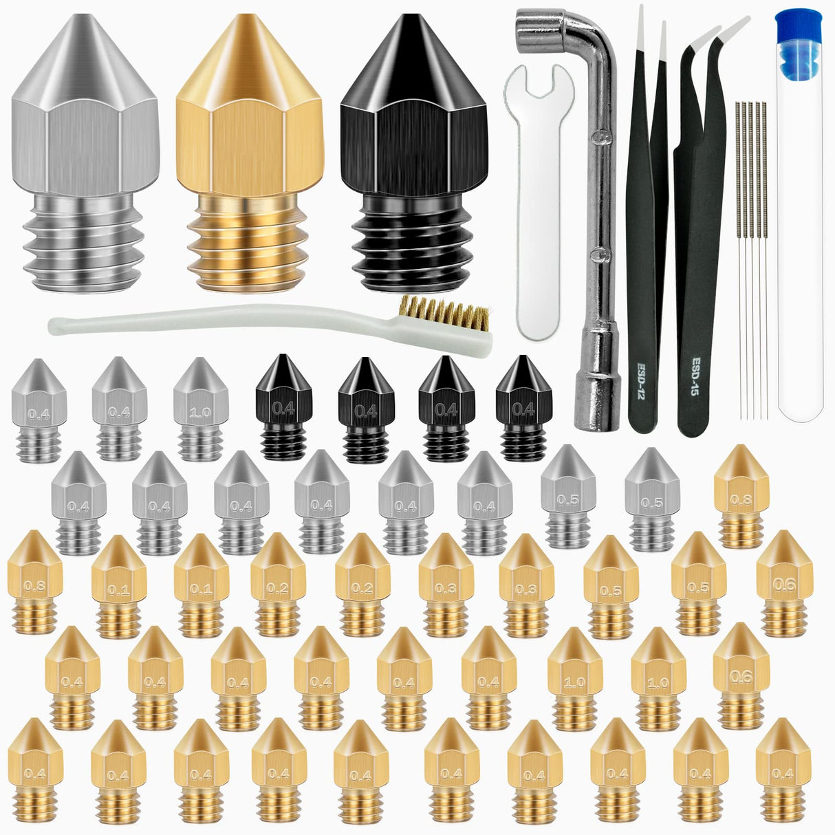 50 Pcs 3D Printer Nozzles - Hardened Steel Stainless Steel Brass Printer Extruder Nozzles Set for CR-10, Ender 3 - High Temperature Pointed Wear Resistant Mk8 Nozzles - 3D Printer Nozzle Cleaning Kit Axeyil