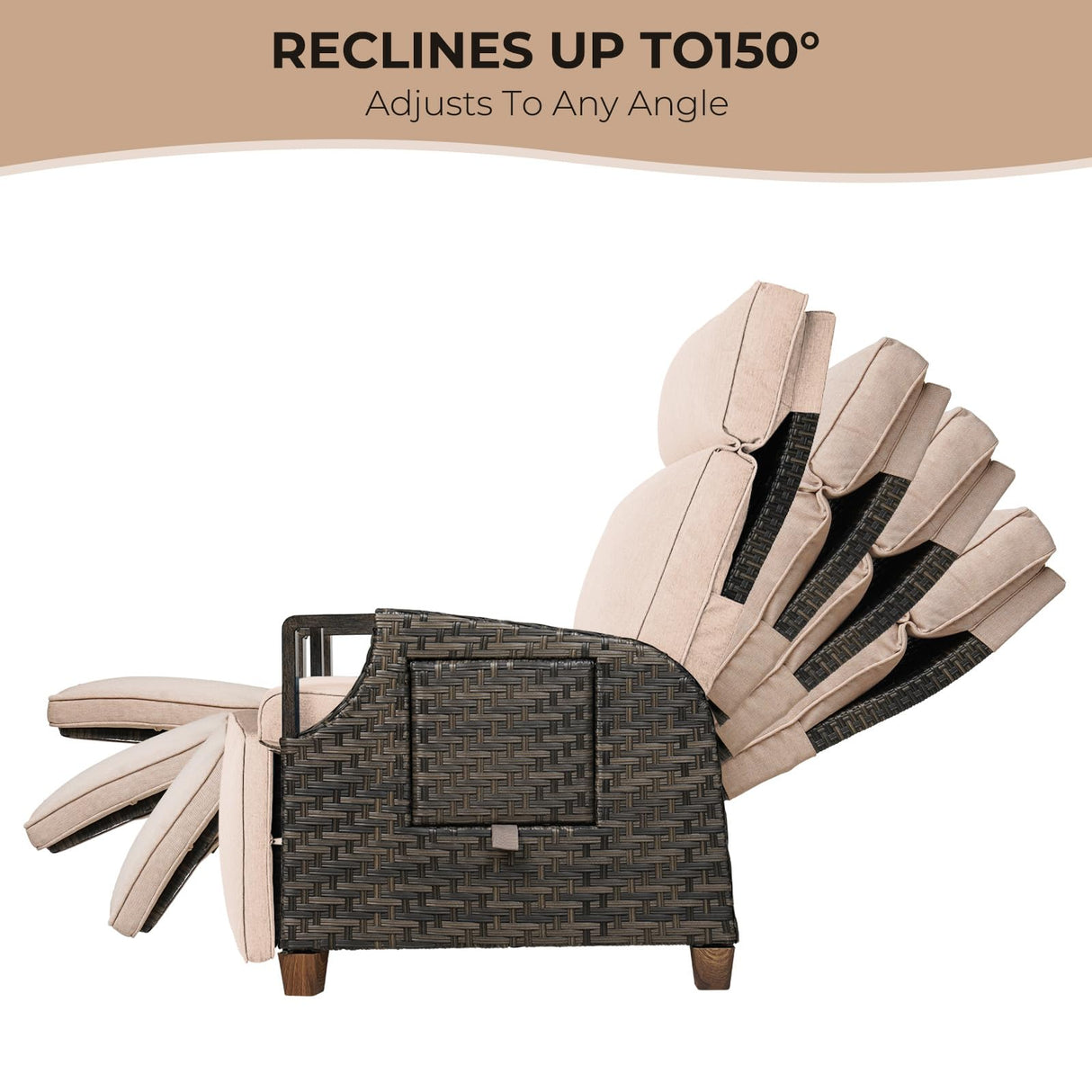 Grand patio Outdoor Recliner Air Pump 150° Lay Flat Reclining Chair with Independent Adjustable Back and Footrest Removable Olefin Cushion Flip-Up Table Wicker Beige 2PCS Grand patio