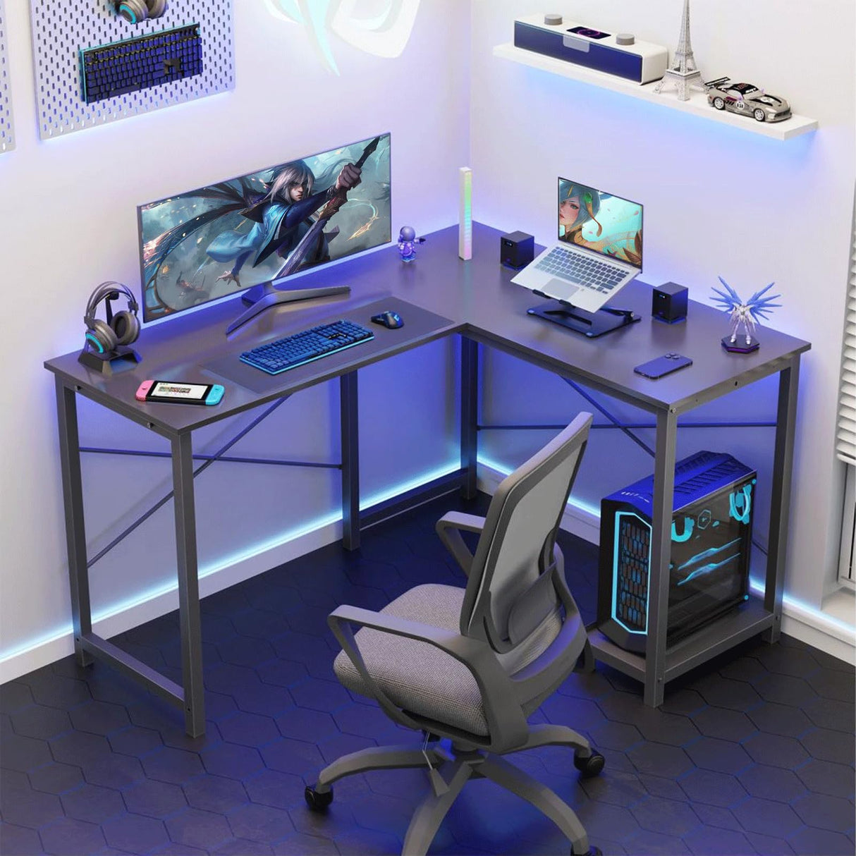 L-Shaped Wooden PC Desk for Gaming and Work - 50 Inch Writing Space-Saving Corner Table with CPU Storage Shelf, Side Bag, Home, Office, Black HOMEE