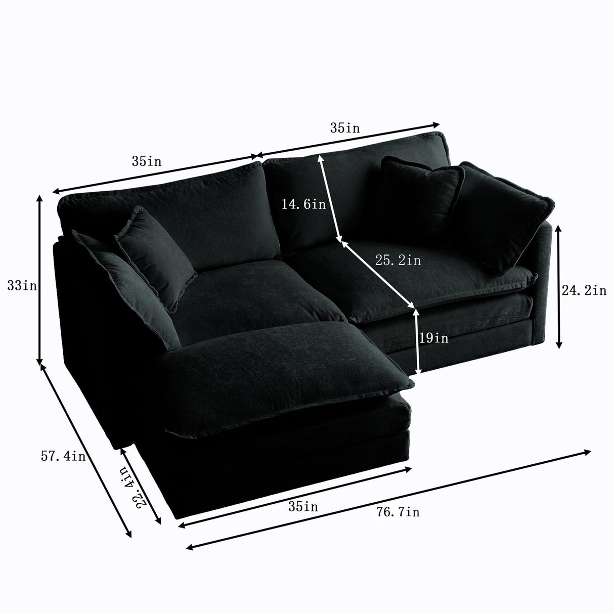 GNIXUU Deep Seat Sectional Sofa, Comfy Cloud Couch Loveseat with Ottoman, 76.7" Modern Chenille Upholstered Modular Sofa L Shaped Couch for Living Room, Apartment, Studio, Office(Black). GNIXUU