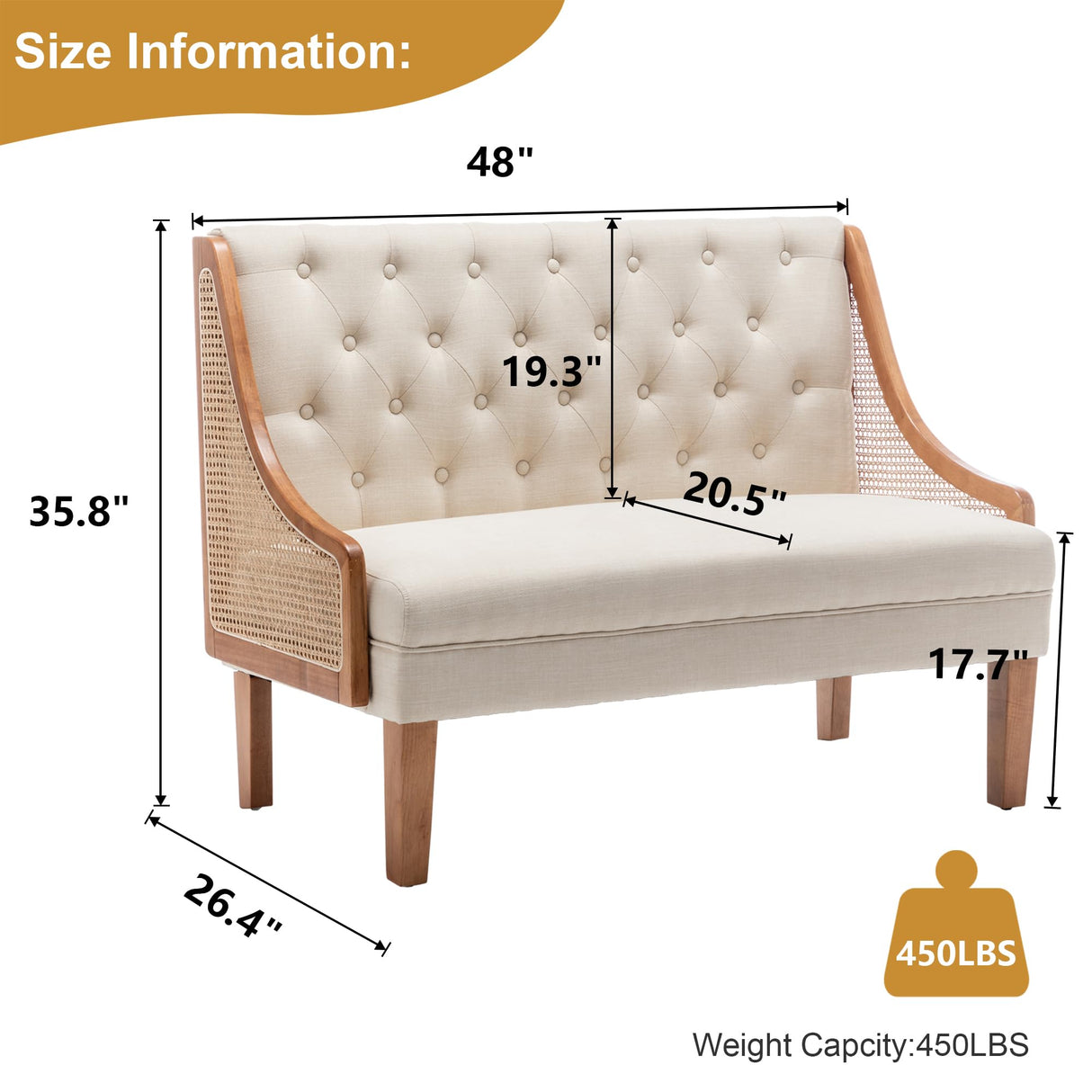 Andeworld Loveseat Settee Bench with Natural Rattan Arms,Upholstered Modern Mini Sofa Couch,Banquette Dining Bench Love Seat for Living Dining Room Bedroom Office Small Space Entryway,Beige Andeworld