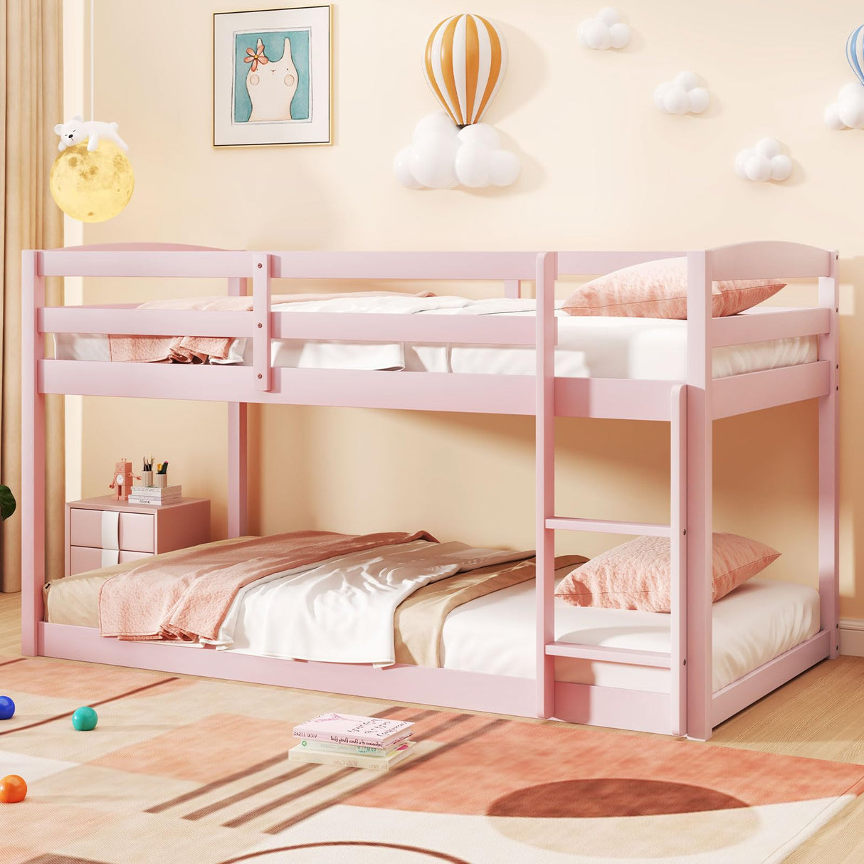 Giantex Twin Low Bunk Bed, Solid Wood Twin Over Twin Bunk Bed Frame with Full Guardrails & Integrated Ladder, Floor Twin Bunk Beds for Kids Boys and Girls, No Box Spring Needed (Pink) Giantex