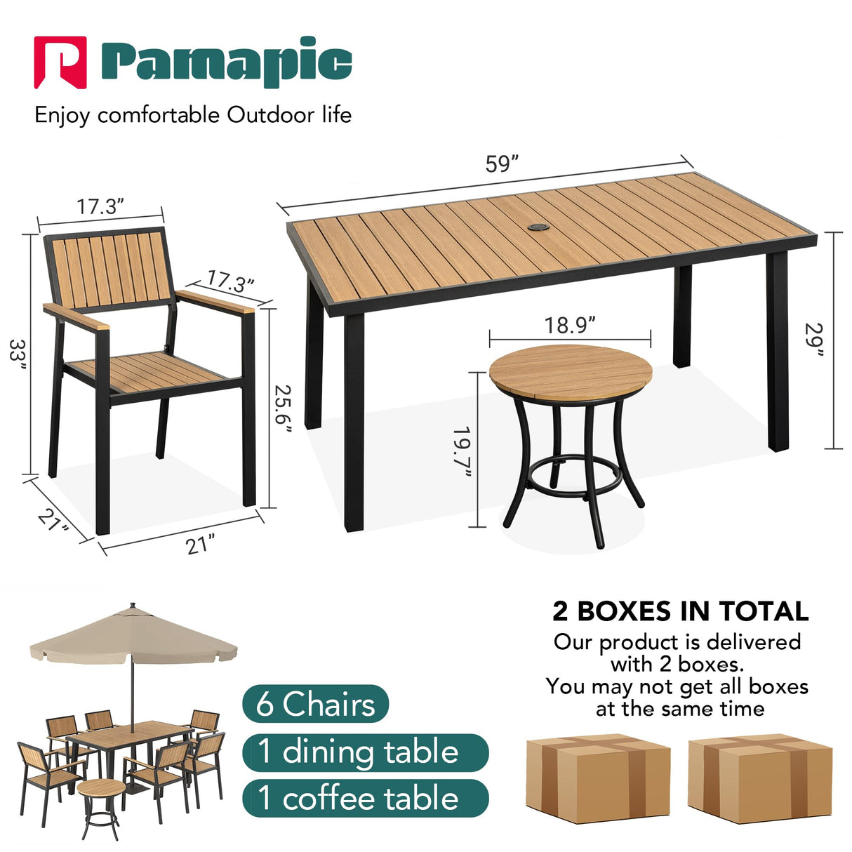 Pamapic 8-Piece Patio Dining Set,Outdoor Aluminum Furniture Set with Plastic-Wood Table Top,Outdoor Furniture Set with 6 Outdoor Stackable Chairs for Patio Garden Poolside (Teak) Pamapic