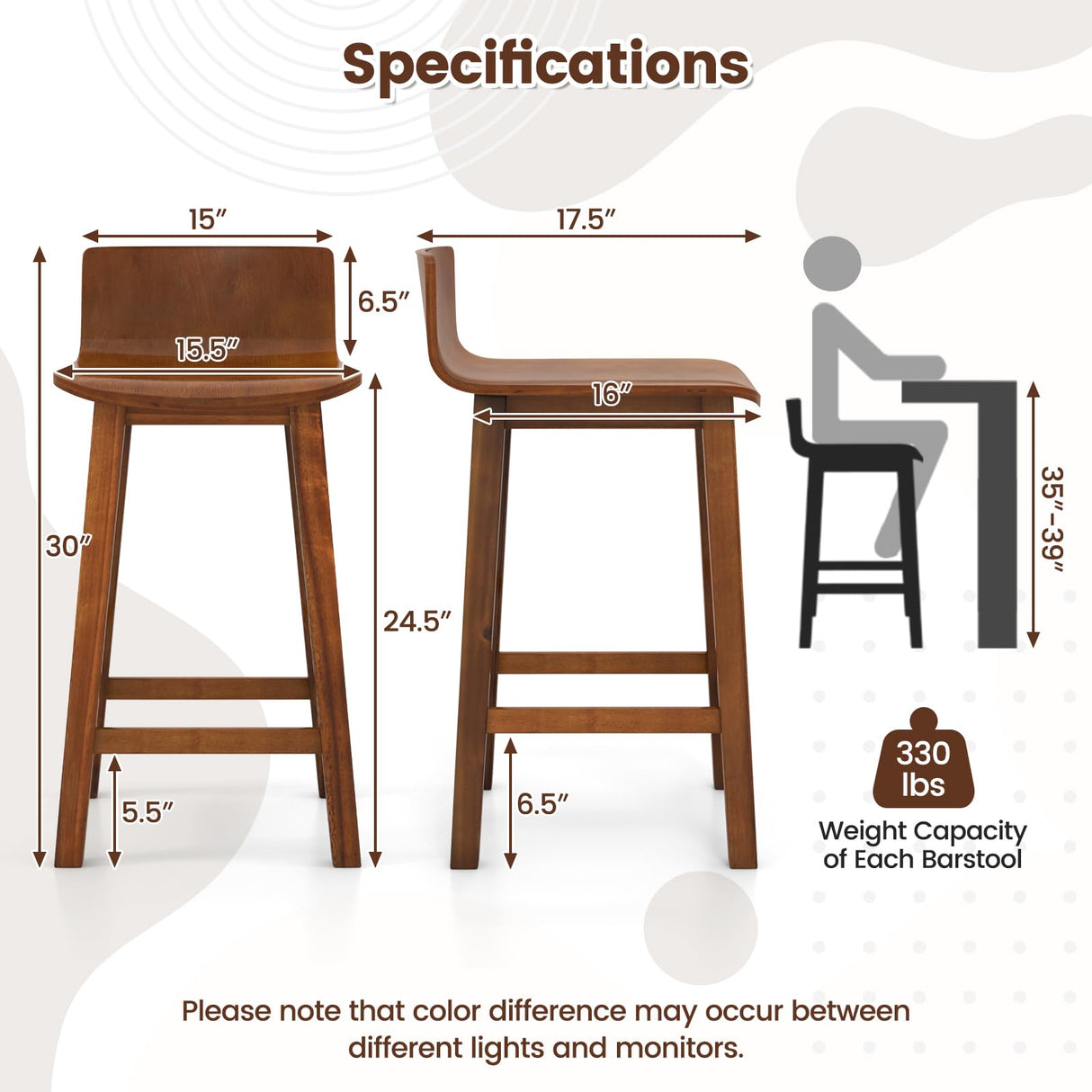 COSTWAY Solid Wood Bar Stools Set of 4, 24.5-inch Counter Height Chairs with Low Backrest and Footrest, Wooden Pub Barstools, Armless Kitchen Island Breakfast Stools for Dining Room, Cafe, Brown COSTWAY
