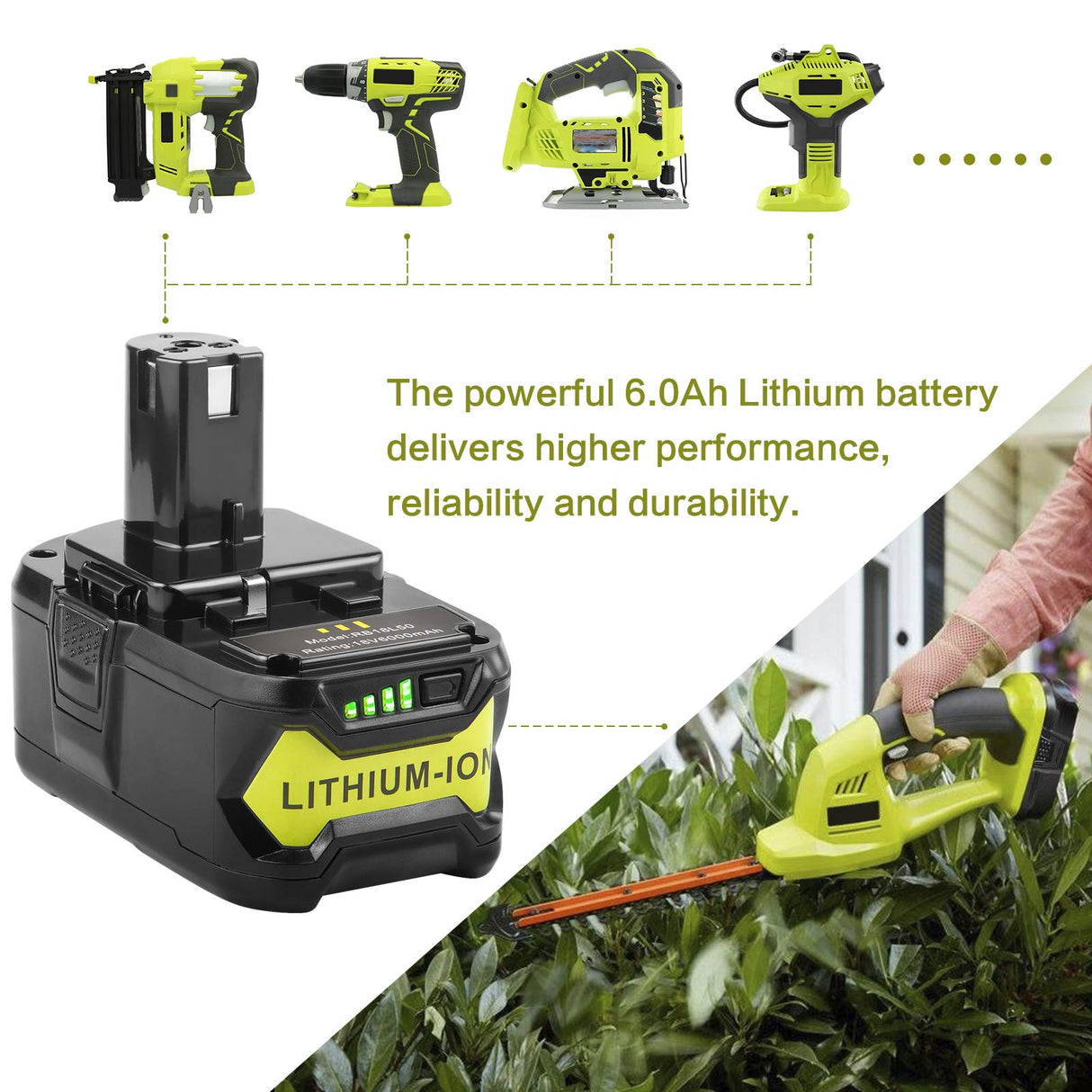 LabTEC RB18L50 18V 6000mAh Lithium Battery Compatible with Ryobi 18V BPL-1815 BPL-1820G BPL1820 BPL18151 P102 P103 P104 P105 P107 P109 P122 Cordless Power Tools with LED Indicator Labtec