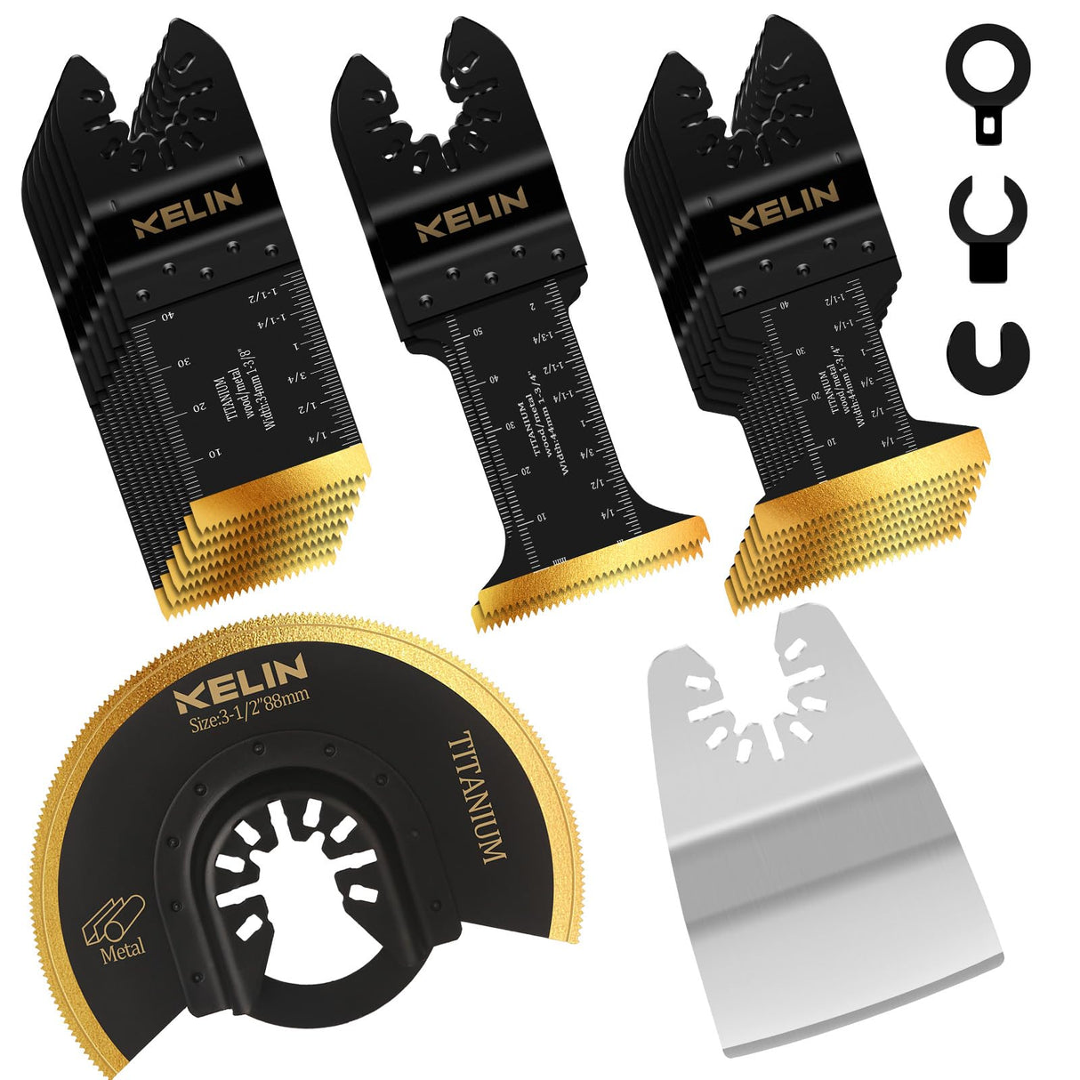 18 PCS Titanium Oscillating Tool Saw Blades with Stainless Steel Scraper and Semicircle Blades Kit, Universal Multi Tool Blades for Light Metal Sheet Pipe and Wood (NOT for Star Lock Interface) KELIN