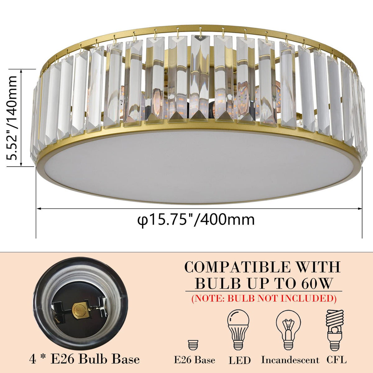 TEENYO Gold Flush Mount Ceiling Light Crystal Ceiling Light Fixtures Modern 4-Light Drum Shade Flush Mount Crystal Ceiling Lighting for Living Room Bedroom, 16-Inch TEENYO