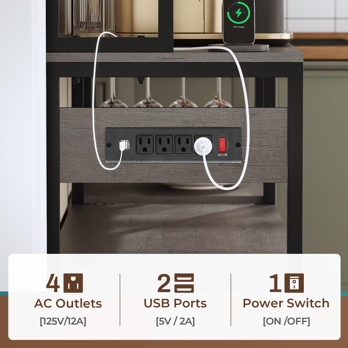 Itaar 45.3 Inch Farmhouse Bakers Rack with Power Outlet, LED Light and Storage Solutions in Grey Itaar