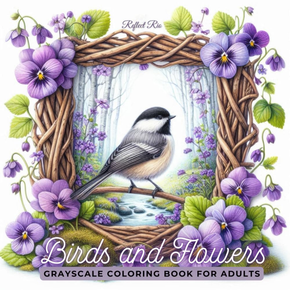 Birds and Flowers Coloring Book: Beautiful Rustic Frames with Birds and Scenic Views for Stress Relief - Adult Grayscale Coloring Book (Magical World Inside A Little Thing) Majosta