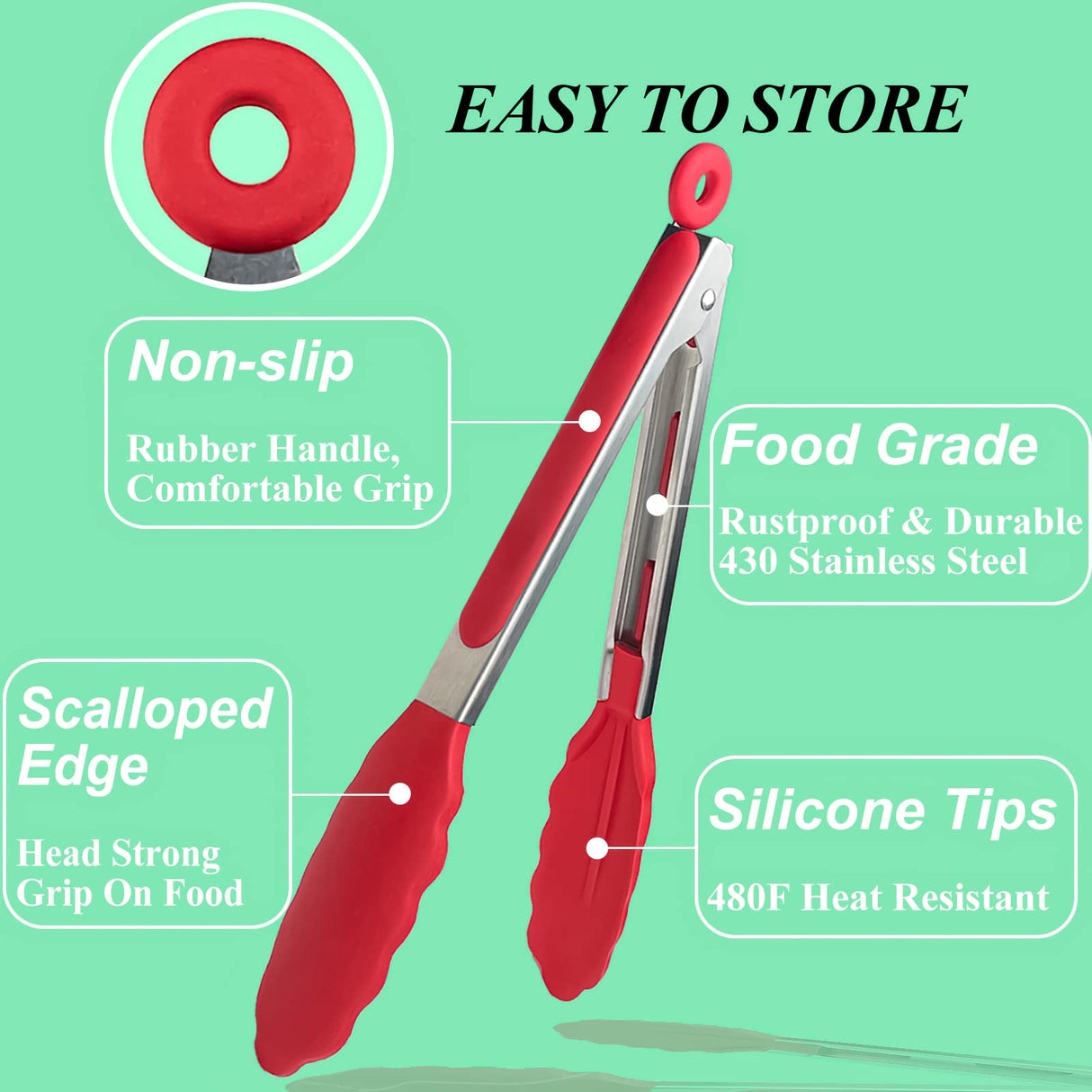HST 3 Pack Kitchen Tongs, Non Stick Stainless Steel 9 Inch Tongs With Silicone Tip for Cooking BBQ Baking(Red) H S T
