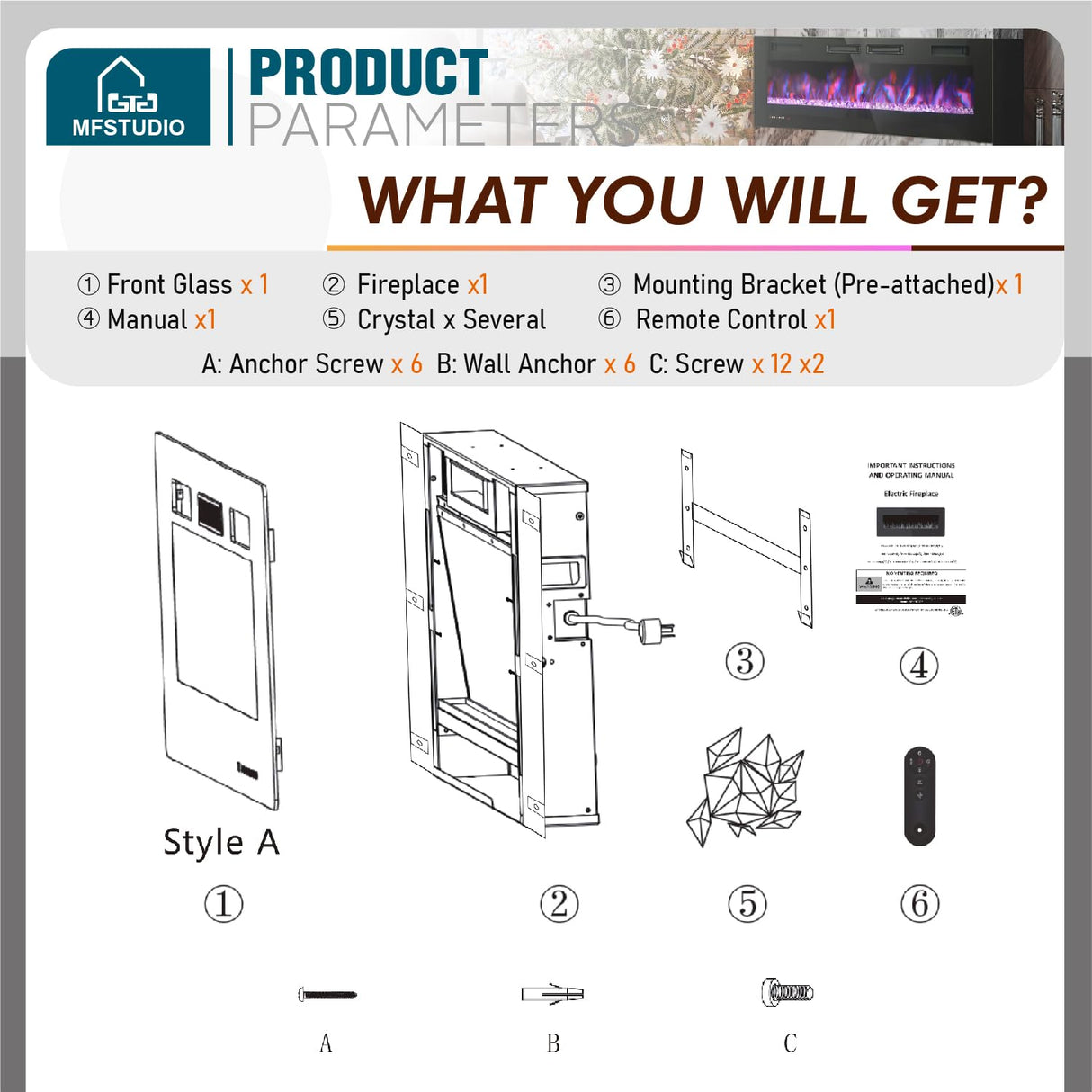 MFSTUDIO 72 inches Electric Fireplace with Remote Control & Touch Screen, Recessed and Wall Mounted Fireplace Heater, Linear Fireplace with 12 Colors Adjustable Flame Color, Timer, 750w/1500w MFSTUDIO