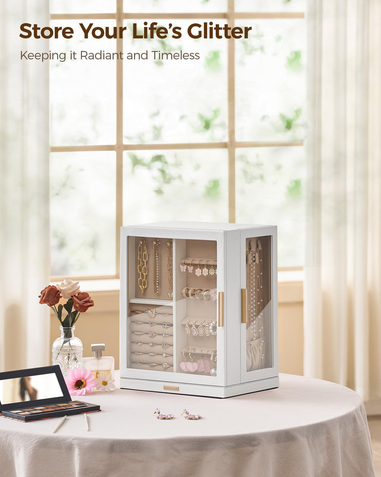 Glimmloop 360° Rotating Jewelry Box with 5 Drawers, Spacious Vertical Jewelry Organizer with Glass Window, Jewelry Storage Case, Dustproof & Moisture-resistant Design, White Glimmloop