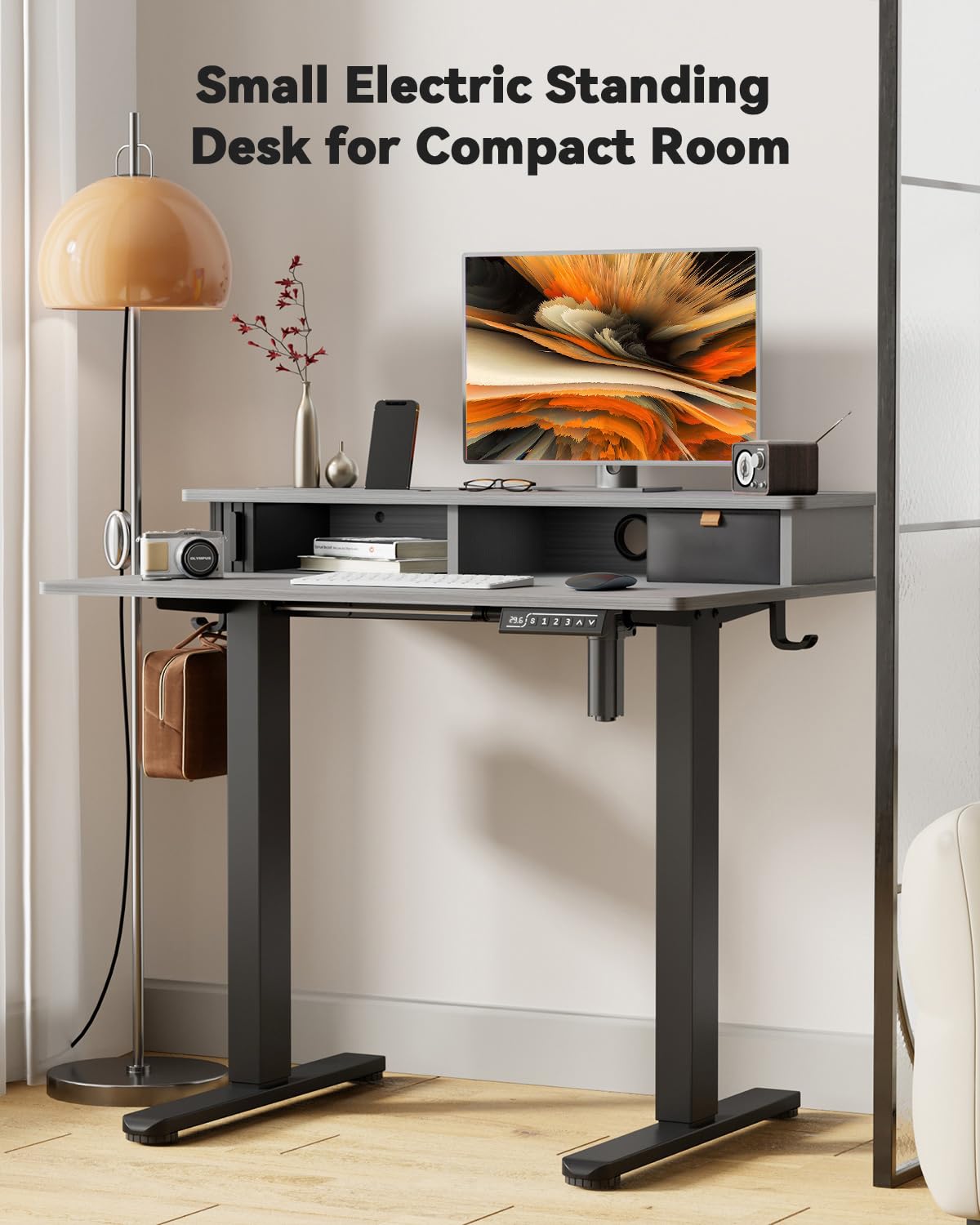JOY worker Small Electric Standing Desk, 35" x 25" Height Adjustable Table with Built-in Monitor Stand & Storage Drawer, Grey Sit Stand Desk with 2 Hooks for Home Office JOY worker