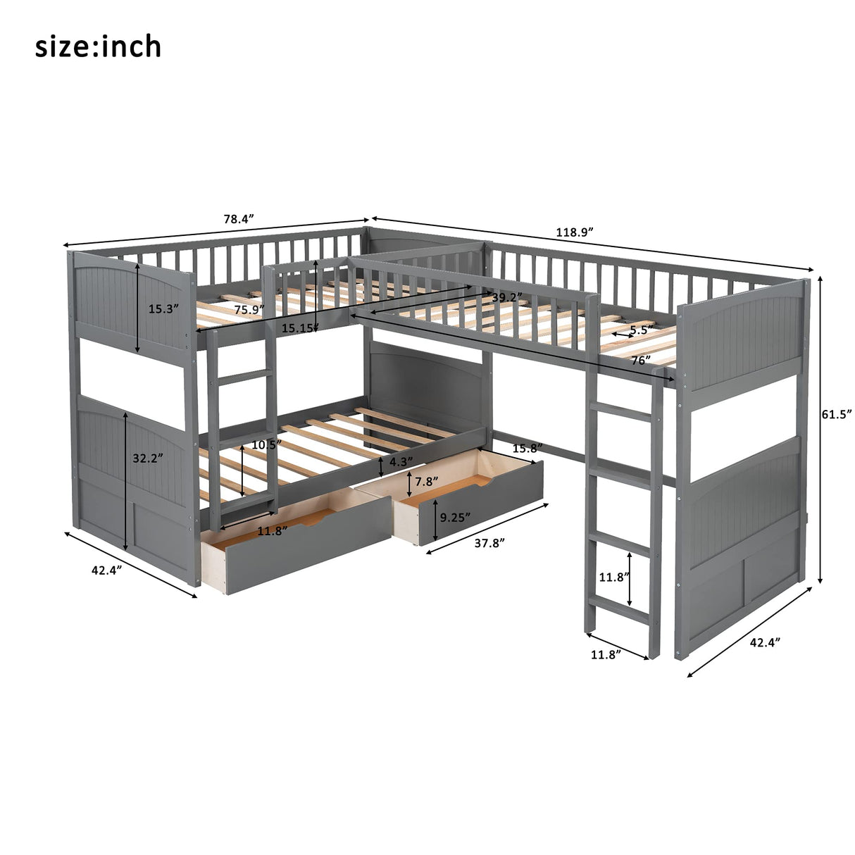 Merax L-Shaped Solid Wood Bunk Bed, Twin Over Twin Over Twin Bed with 2 Drawers and 2 Ladders, Twin Size Bunk Bed with a Loft Bed Attached, Grey Merax