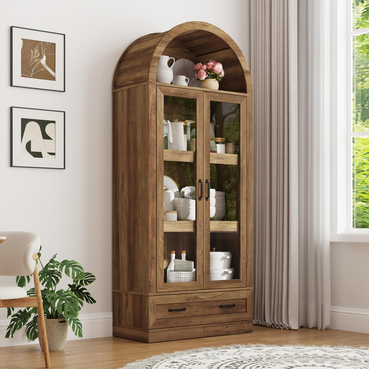 75" Tall Arched Kitchen Pantry Cabinet w Load-Bearing Steel Pipe,Modern Farmhouse Kitchens Storage Cabinet with Drawer and Glass Doors,Tall Arched Bookcase,Pantry Organizer for Living Room(Natural) chartustriable